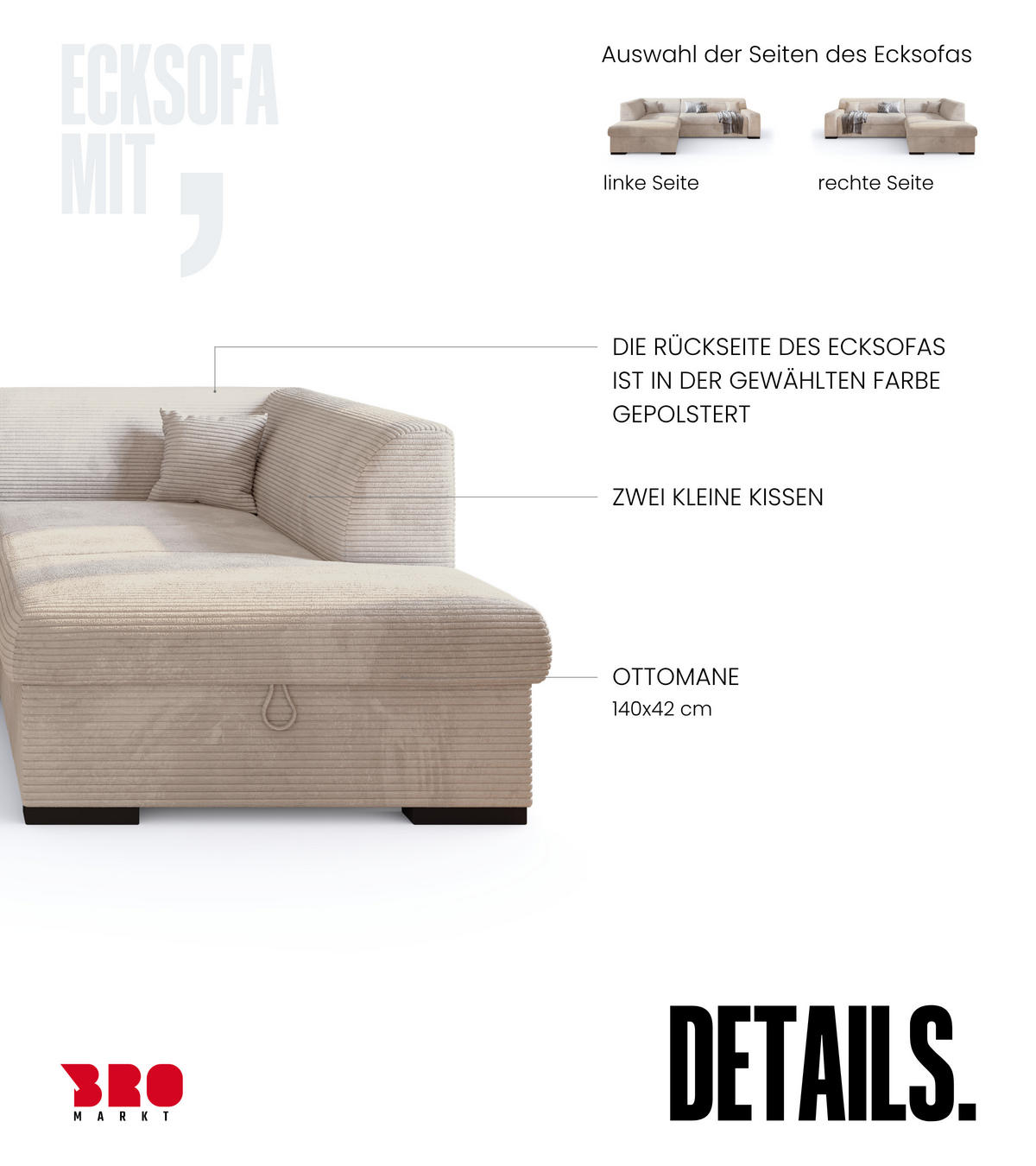 ECKSOFA mit Schlaffunktion Cordstoff MILENZO Vanille Rechts - Creme, Holz (260/175cm) - Bromarkt