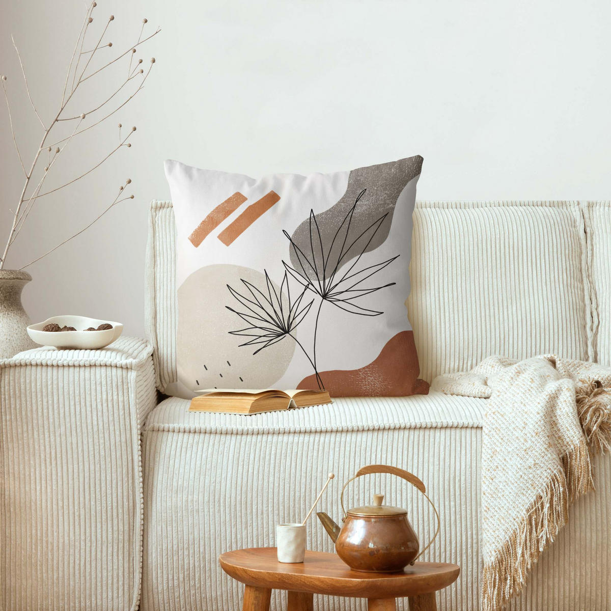 KISSENBEZUG Fächerpalme Lineart und Terracotta Farben 50/50 cm - Grau, Textil (50/50cm) - Bilderwelten