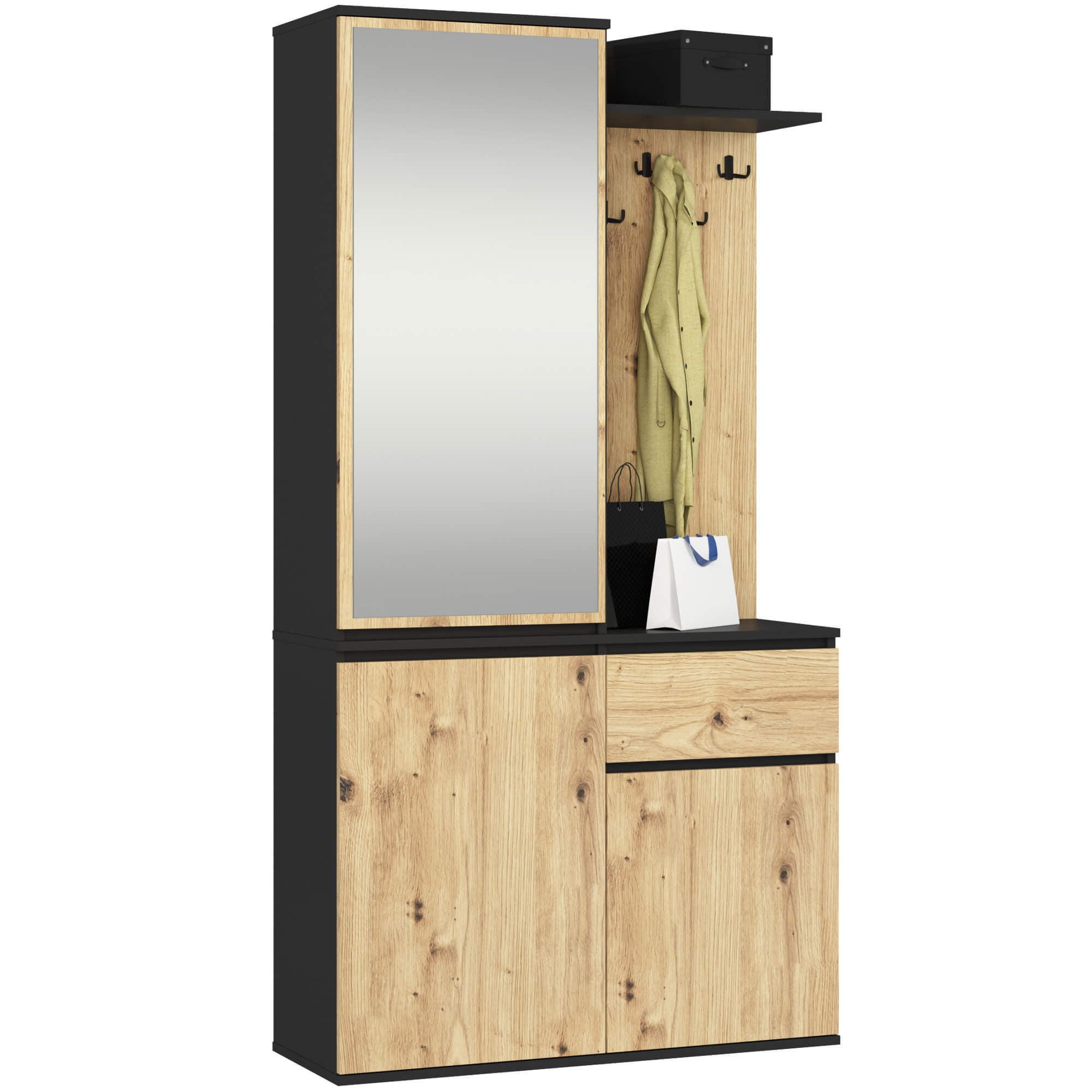 GARDEROBE Entro mit Spiegel, Schwarz/Eiche Artisan, 95x183x35 cm - Schwarz/Eiche Artisan, Holzwerkstoff (95/183/35cm) - Akord