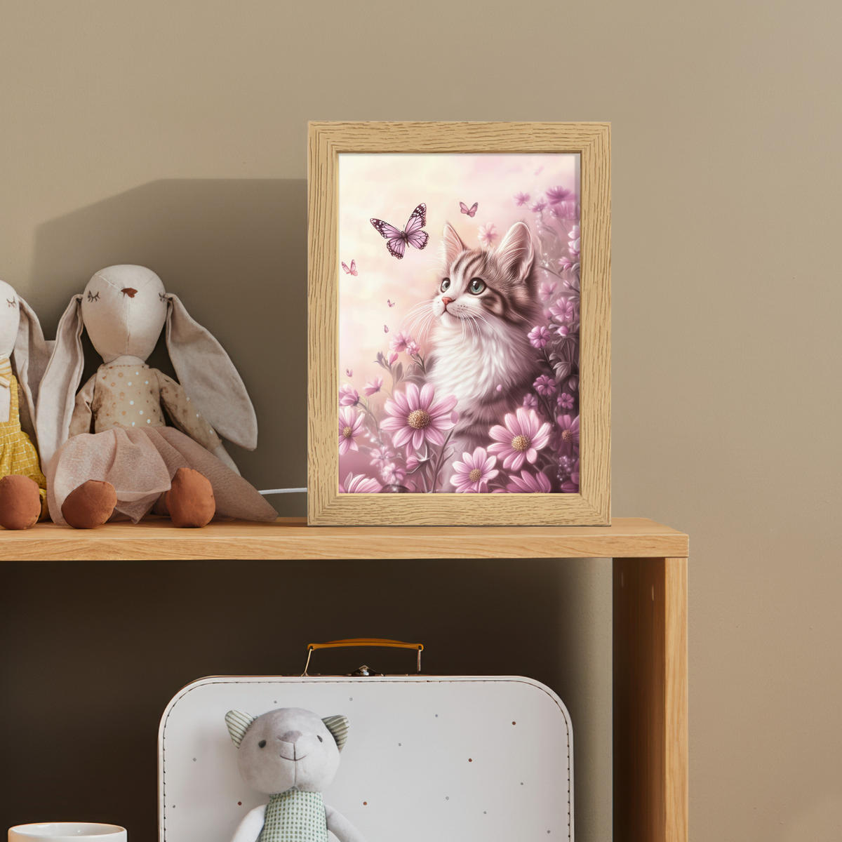 NACHTTISCHLAMPE Kätzchen - Blumen - Schmetterlinge - Lila 15x20 cm - Altrosa, Holzwerkstoff (8/15/20cm)