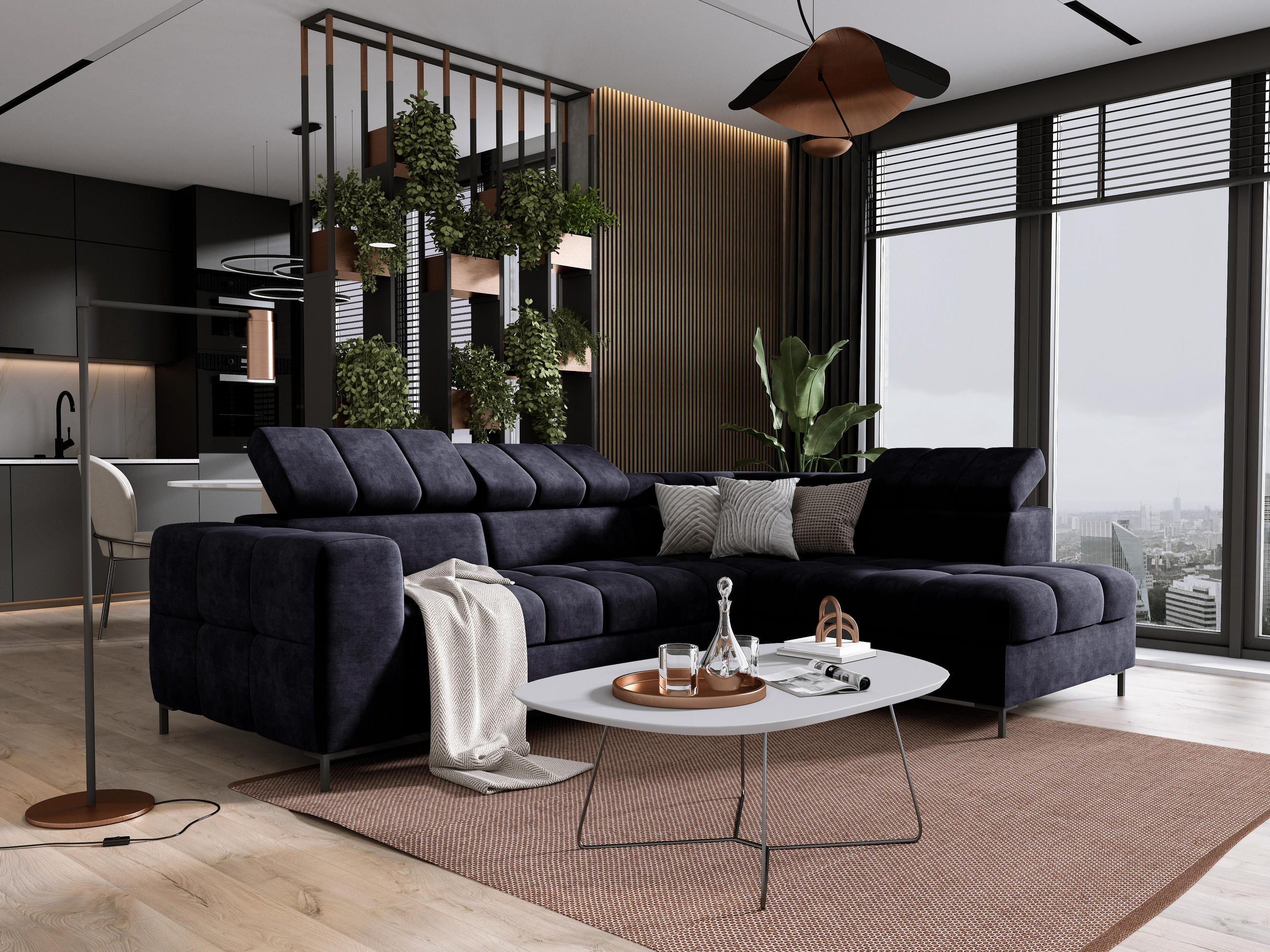 ECKSOFA PABLOS Cloud, L-förmig, Moderne, mit verstellbarem Kopfteil, Schlaf- & Lagermöglichkeiten, freistehend, RECHTS 279x201x97 cm Blue - Dunkelblau, Holz/Textil (279/201cm) - DomoHome