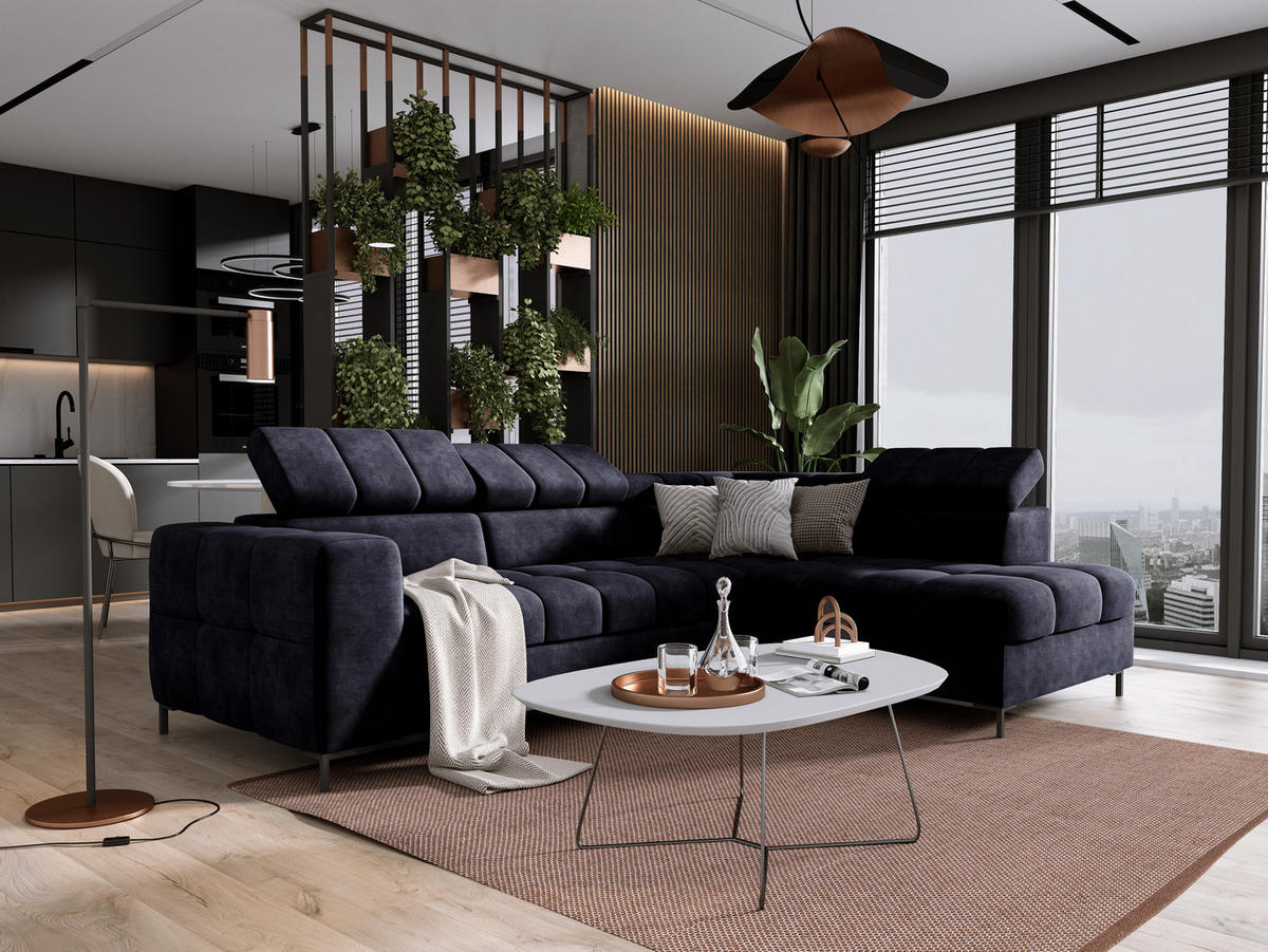 ECKSOFA PABLOS Cloud, L-förmig, Moderne, mit verstellbarem Kopfteil, Schlaf- & Lagermöglichkeiten, freistehend, RECHTS 279x201x97 cm Blue - Dunkelblau, Holz/Textil (279/201cm) - DomoHome