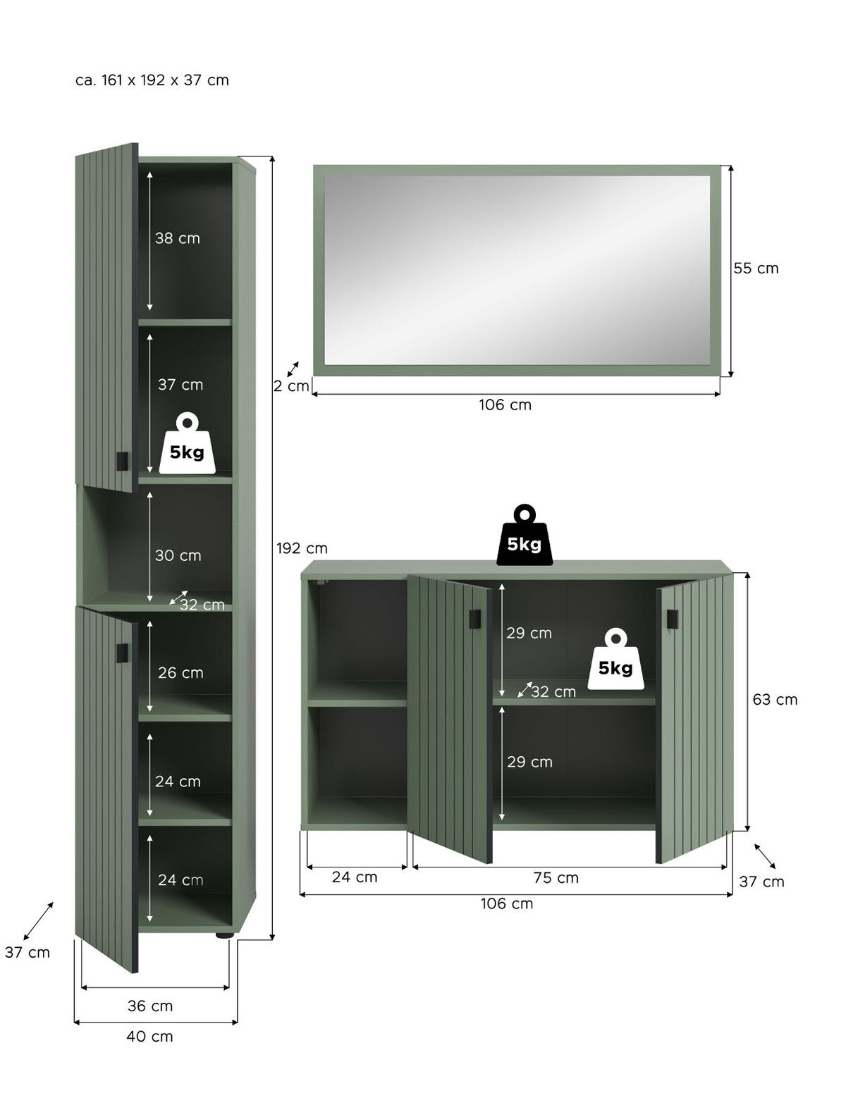 GARDEROBE-SET grün 3-teilig 161 cm, Komplettset mit viel Stauraum - Schwarz/Grün, Glas/Holzwerkstoff (161/192/37cm) - Inn.Furn