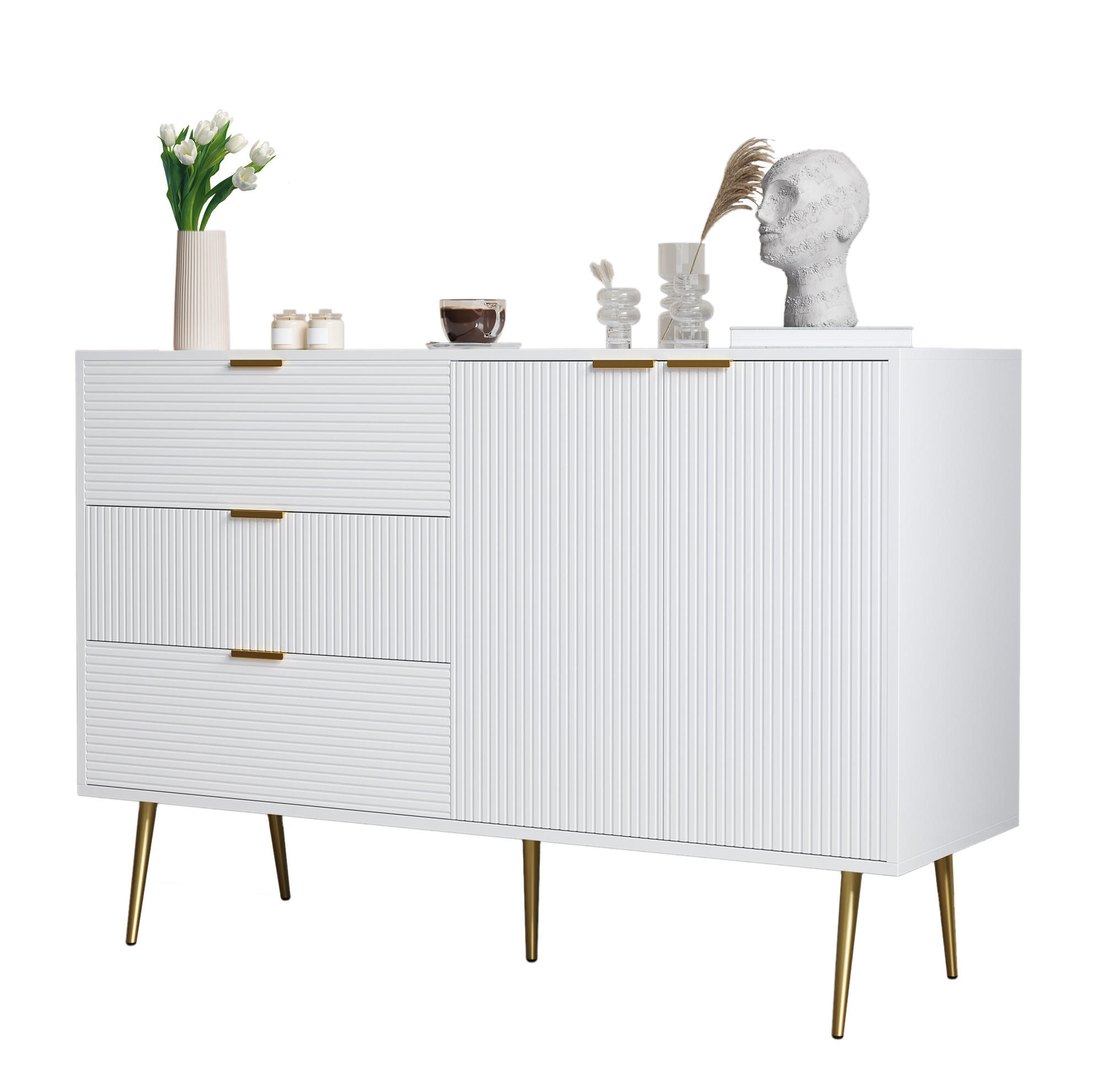 SIDEBOARD 120/38/80,5 cm mit 2 Türen, 3 Schubladen & goldfarbenen Details - Weiß, Holzwerkstoff (120/80.5/38cm) - BEAOK