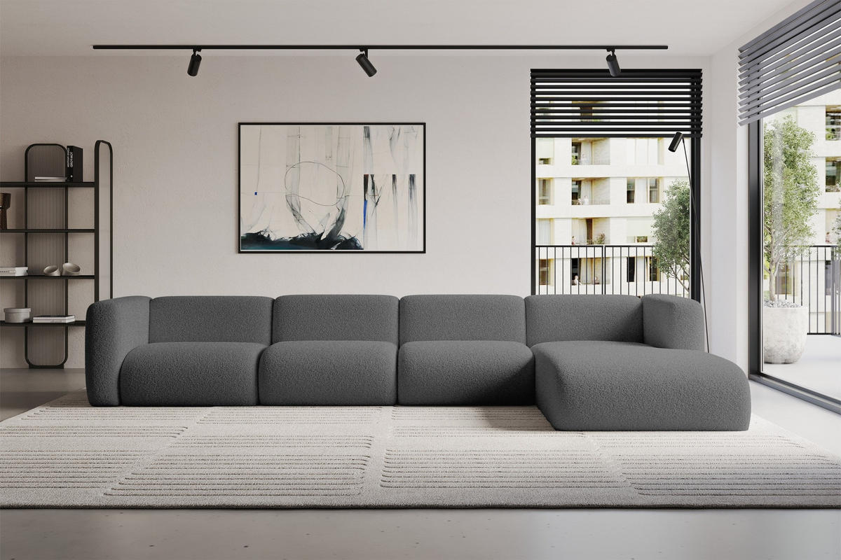 ECKSOFA Ottomane Rechts MIRA-L3 409x179x70 Grau Bouclé - Platinfarben/Schwarz, Holzwerkstoff/Kunststoff (409/179cm) - ALTDECOR