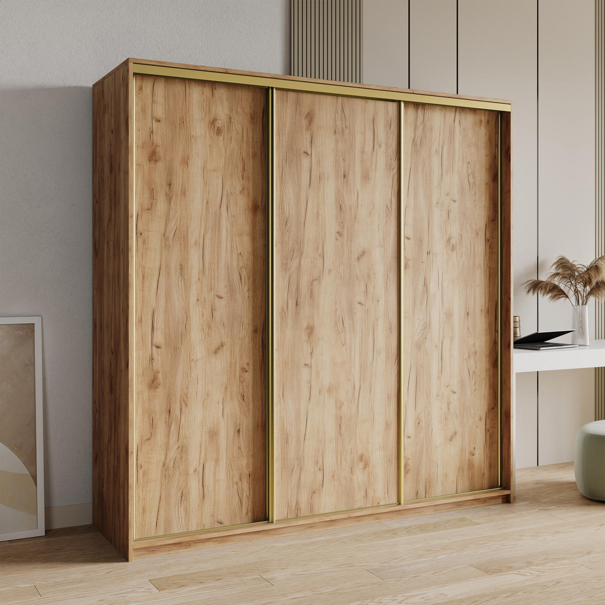 SCHWEBETÜRENSCHRANK NISSE 180/205/60 cm 3-türig mit Schubladen Craft Eiche Gold - Goldfarben/Orange, Holzwerkstoff (180/205/60cm) - MASSENO