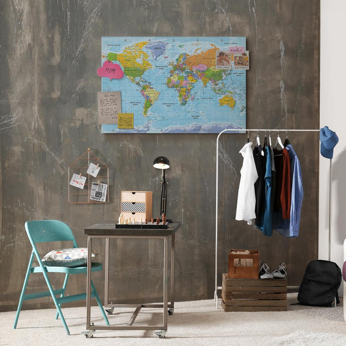 PINNWANDTAFEL Politische Weltkarte Englisch 120x80 cm - Blau, Holz (120/80cm) - artgeist