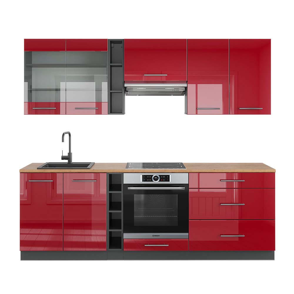 KÜCHENZEILE Fame-Line Bordeaux Hochglanz/Anthrazit 235 cm, AP Eiche - Bordeaux/Anthrazit, Holzwerkstoff (235/81.6/60cm) - Vicco