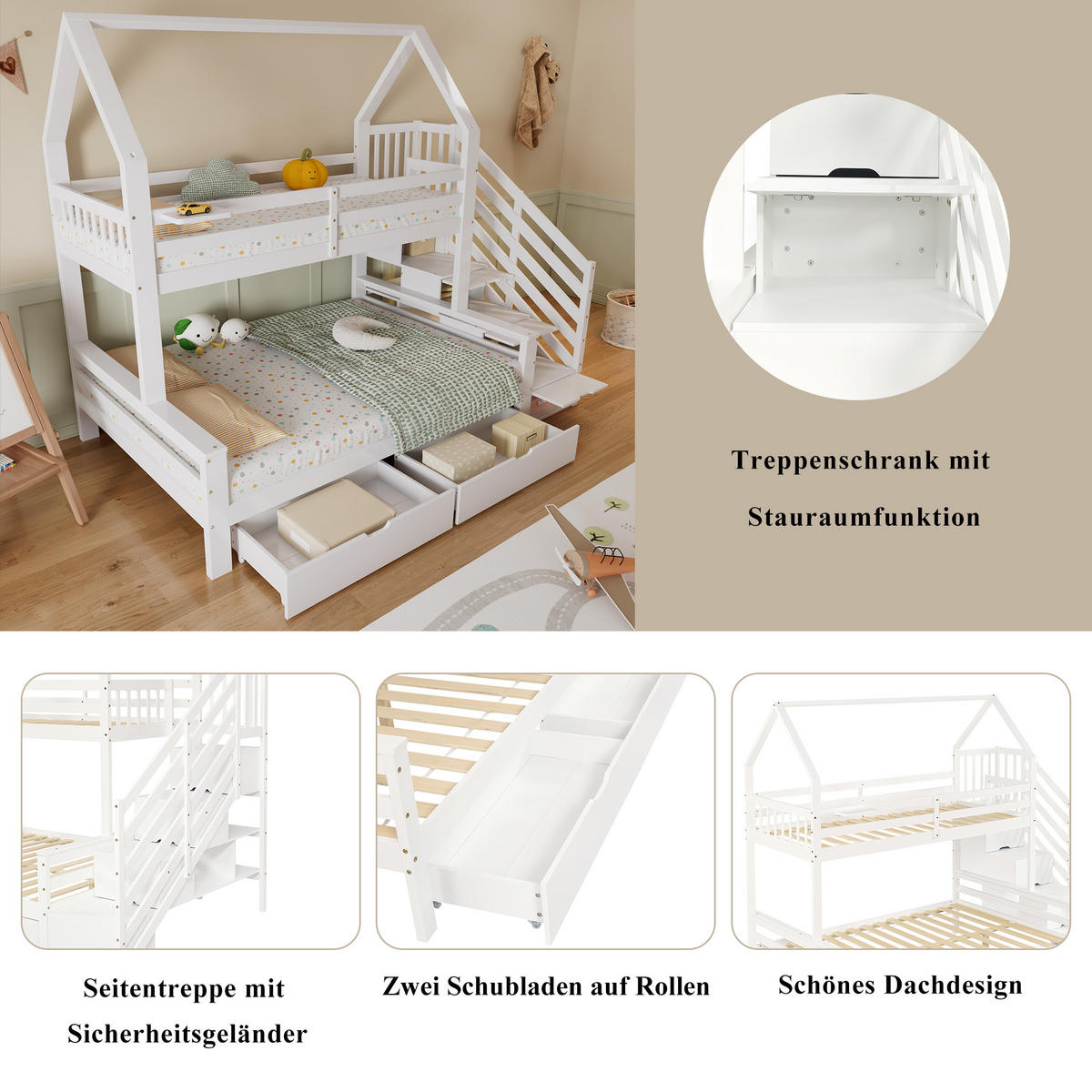 ETAGENBETT 90/200 cm und 140/200 cm Weiß mit Dachdesign und Stauraum - Weiß, Holzwerkstoff (90/200cm) - OKWISH