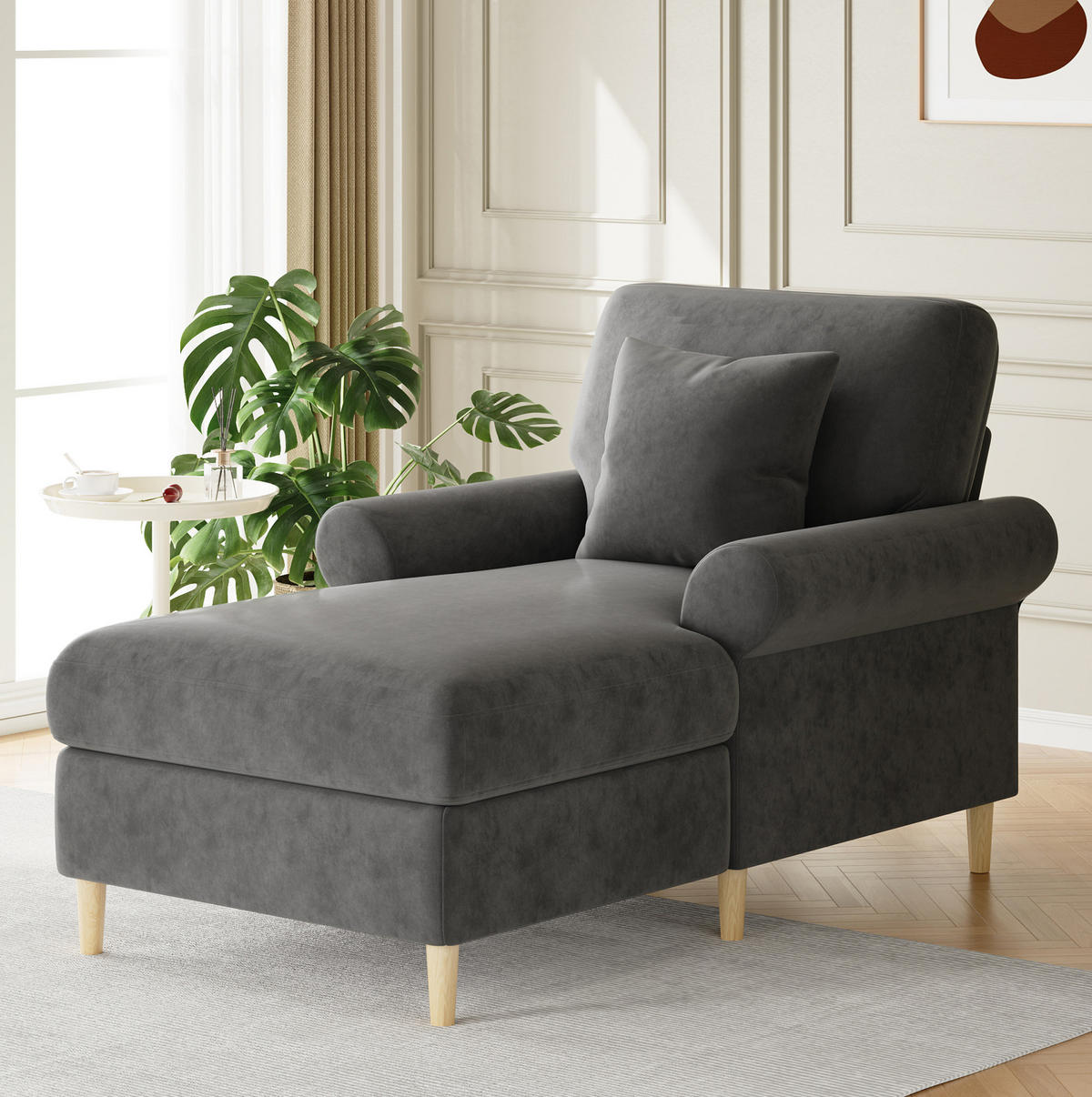 RELAXAČNÍ křeslo 133/87/90 cm šedé ze sametu s polohou vleže a polštářem - šedá, textil (87/90/133cm) - OKWISH