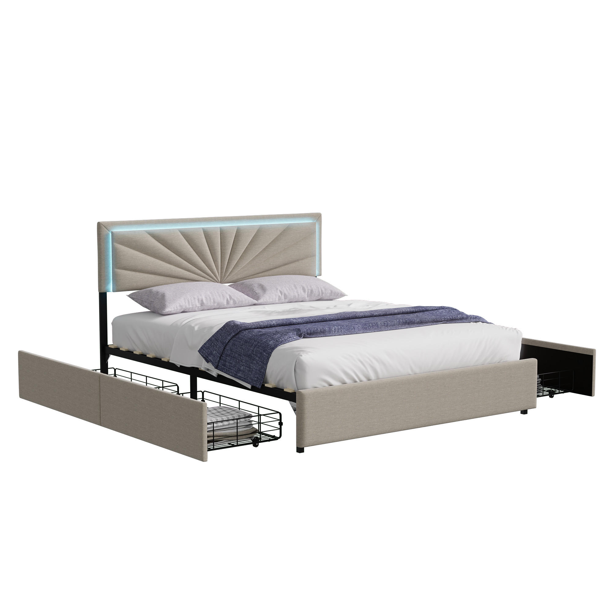 POLSTERBETT 140x200 cm 4 Schubladen LED Lattenrost Leinen beige - Beige, Holz (140/200cm) - LEBENLANG