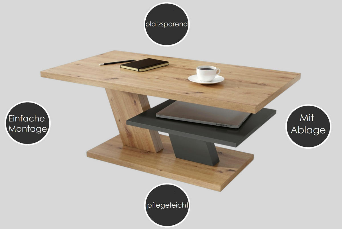 COUCHTISCH rechteckig Eiche Gold Schwarz mit Ablage - Eichefarben/Schwarz, Holzwerkstoff (60/110/45cm) - designimpex