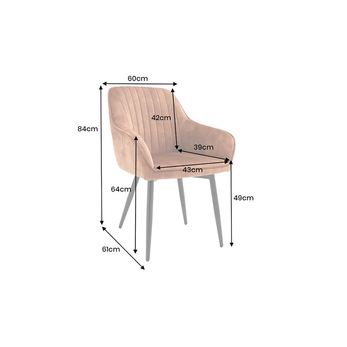STUHL TURIN Samt Braun 85 cm - Cognac/Schwarz, Textil/Metall (60/84/61cm) - riess-ambiente