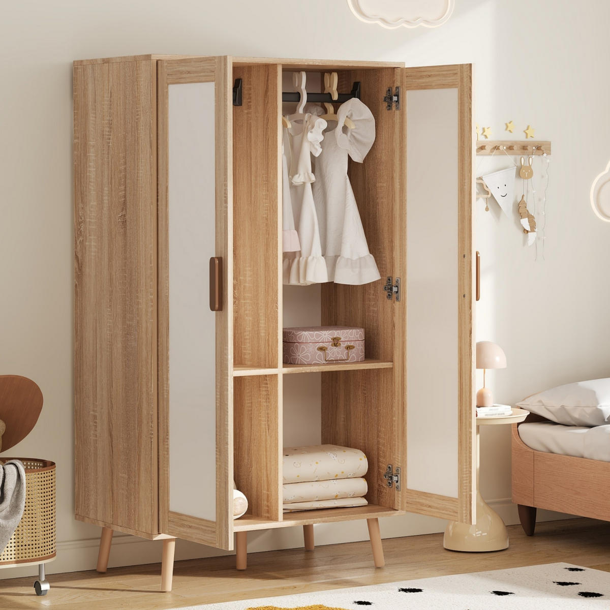 KLEIDERSCHRANK in Weiß & Naturholz-Optik Schlafzimmerschrank mit Kleiderstange, B80/T46/H141,5 cm - Naturfarben/Weiß, Holzwerkstoff (80/141.5/46cm) - STILVORA