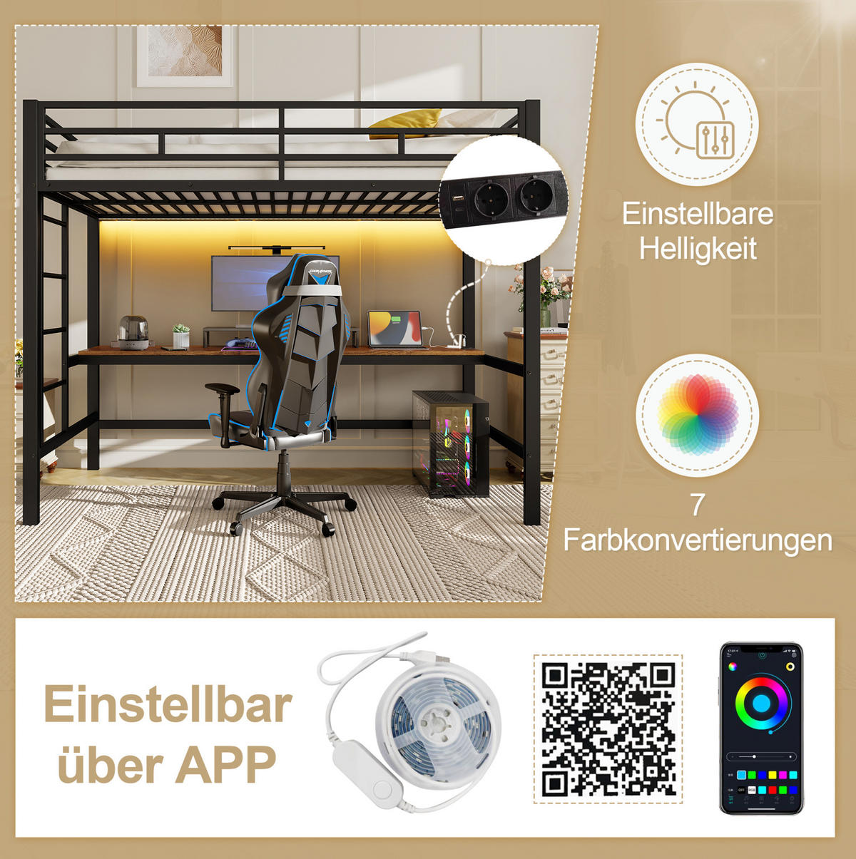 HOCHBETT 90/200 cm mit LED, USB und Tisch ohne Matratze - Schwarz, Metall (90/200cm) - MIVRAY