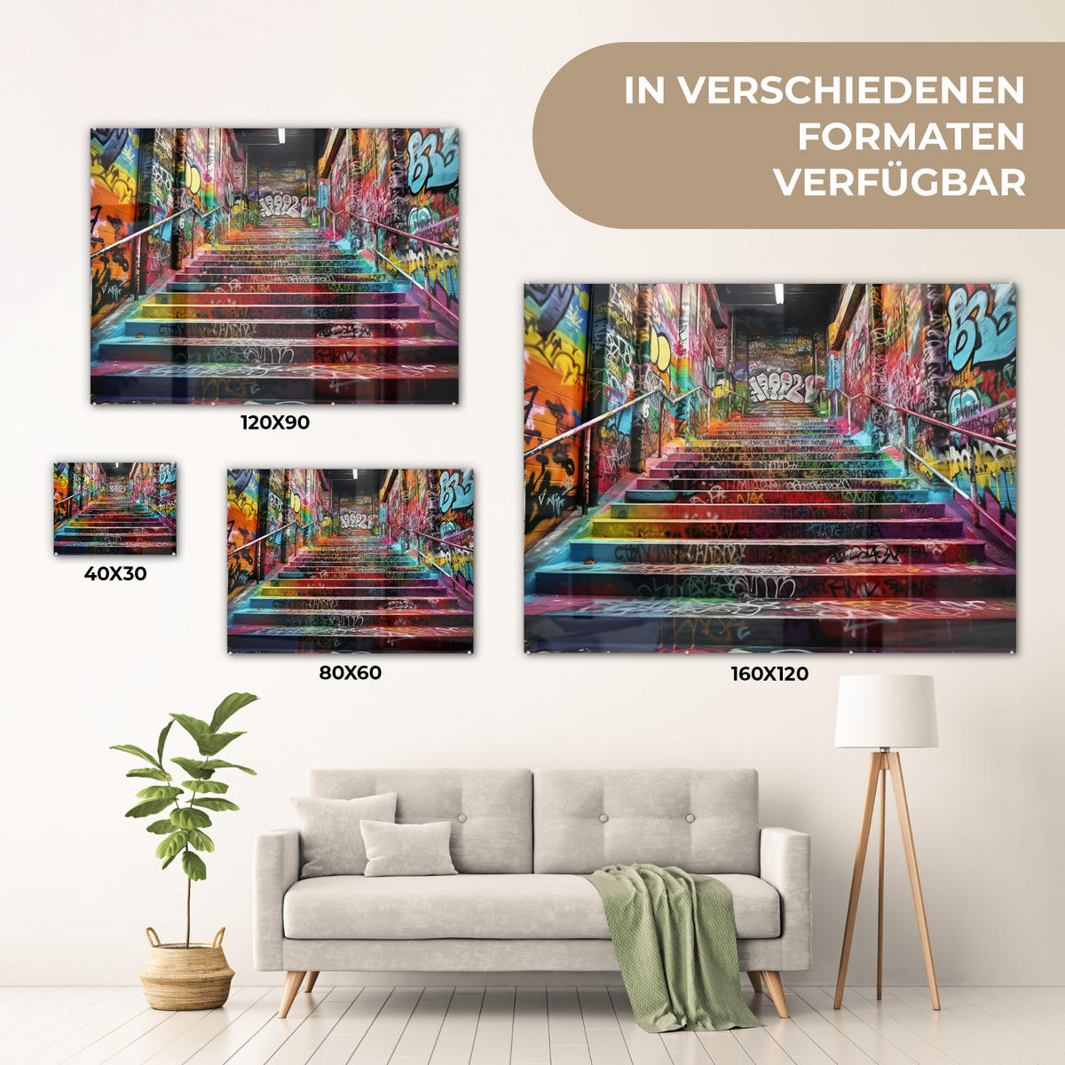 ACRYLGLASBILD Treppe - Graffiti - Farben - Kunst 80x60 cm - Multicolor, Glas (80/60cm) - MuchoWow