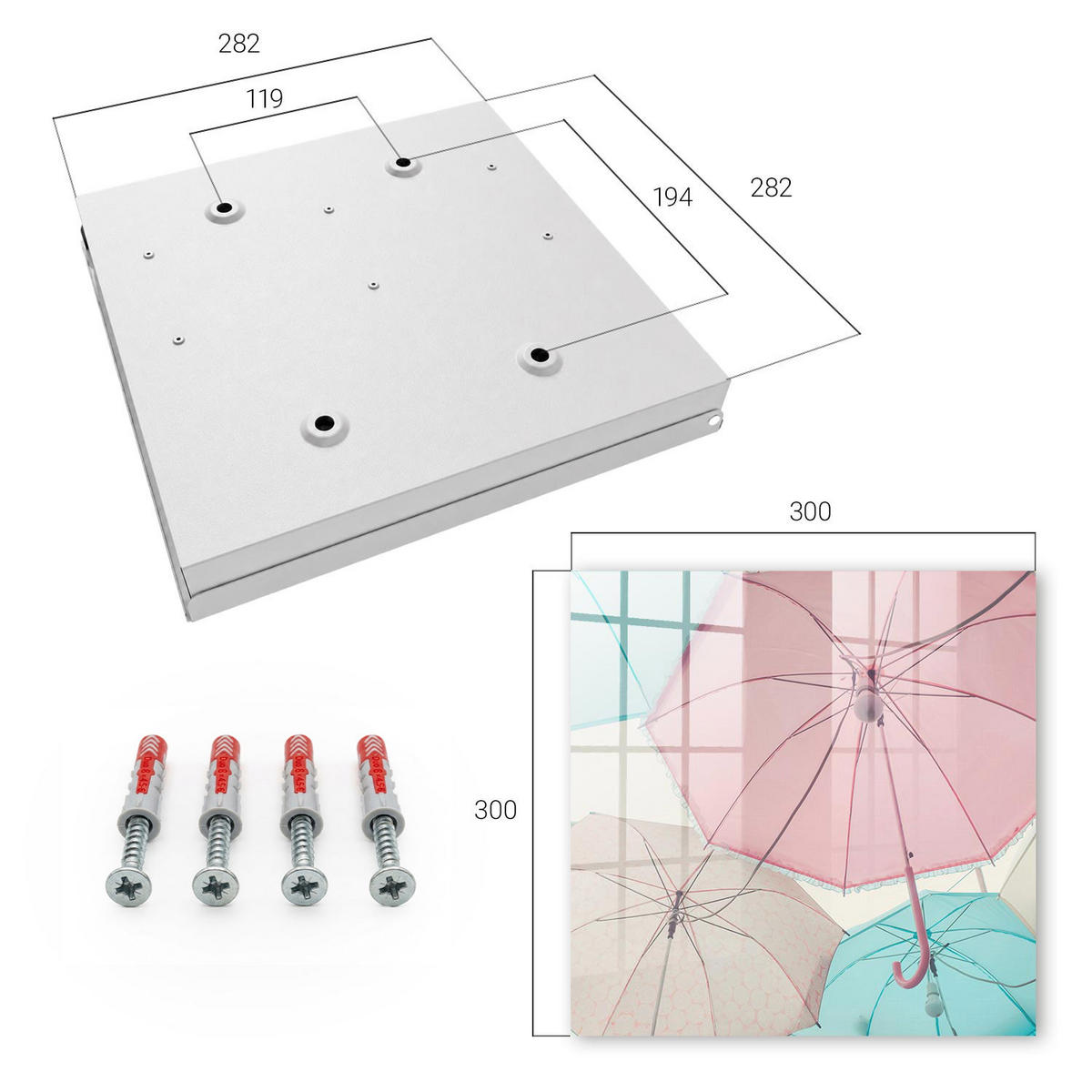 SCHLÜSSELBOX Weiß 30x30 cm – Türöffnung nach rechts - Pastellfarbene Regenschirme - Pink, Metall (30/30/5cm) - TULUP