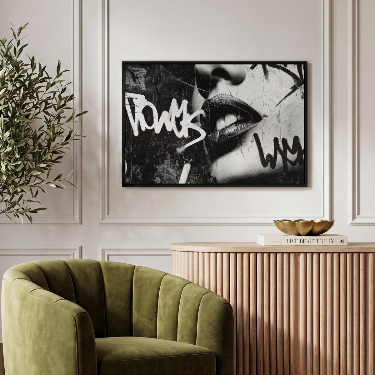 LEINWAND Bilder mit Rahmen - Gesicht - Mund - Graffiti - Schwarz - 60x40 - Schwarz, Textil (60/40cm) - MuchoWow