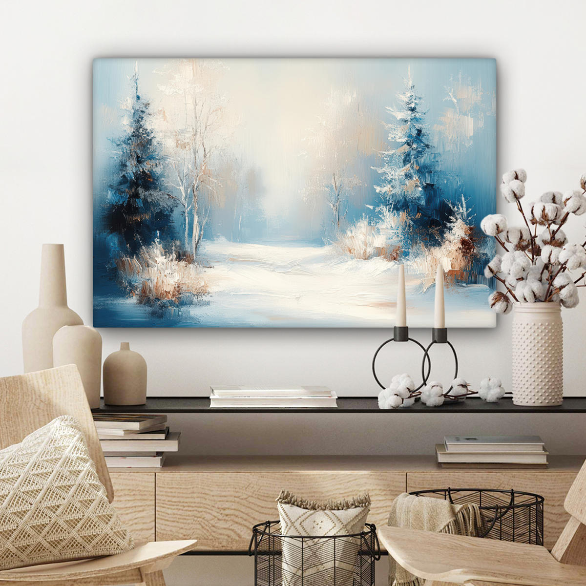 LEINWANDBILD Wald - Winter - Natur - Abstrakt - Schnee Wanddeko 90x60 cm - Weiß, Textil (90/60cm) - MuchoWow