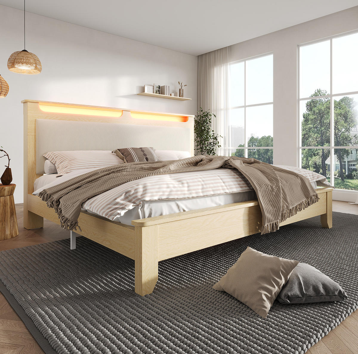 DOPPELBETT 140/200 cm Hell Eiche mit Cordpolster-Rückenlehne und LED-Beleuchtung - Beige, Textil (140/200cm) - OKWISH
