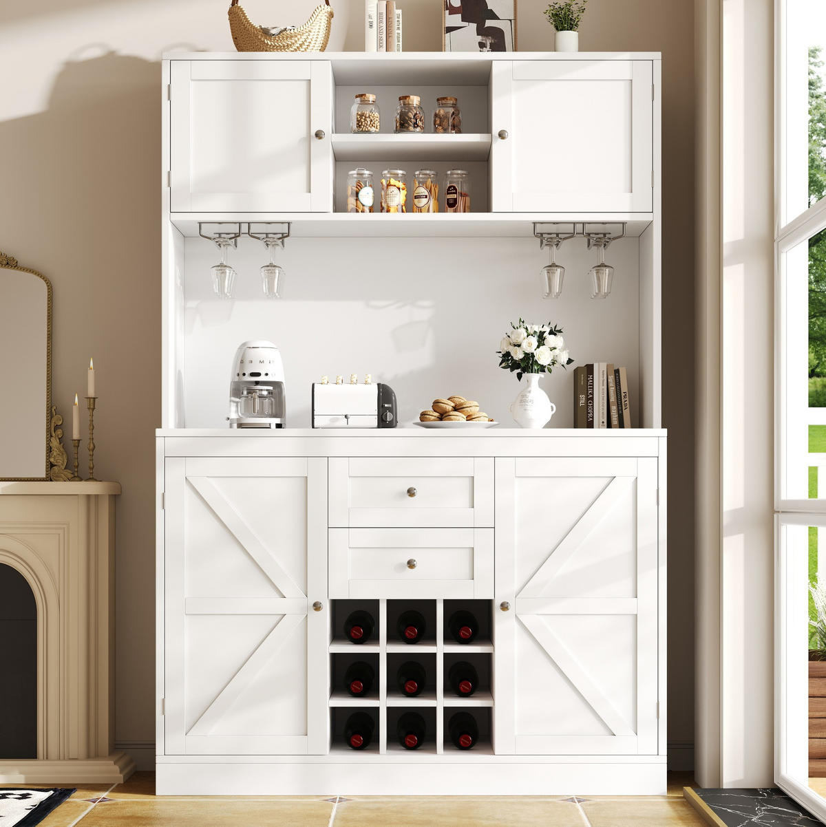 BUFFET 120/40/188 cm aus MDF und Metall mit verstellbaren Einlegeböden und Weinregal Weiß - Weiß, Holzwerkstoff (106/179.5/40cm) - Modenvie