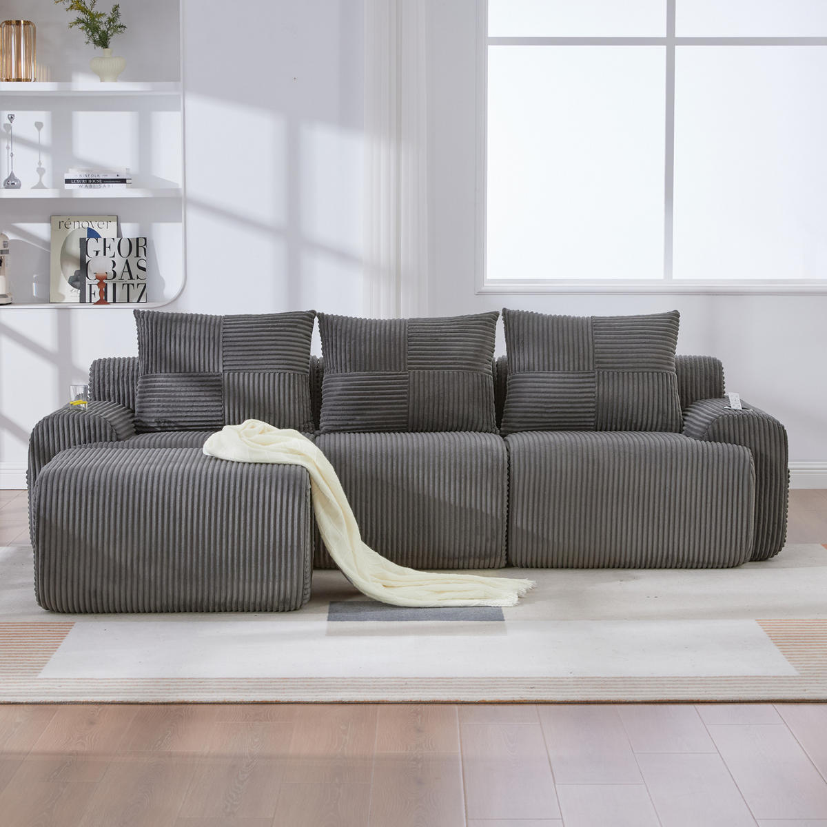 SOFA modular 268 x 174 x 80 cm Corduroy Dark Gray 3-Sitzer - Dunkelgrau, Kunststoff (174/268.1cm) - Meubliv