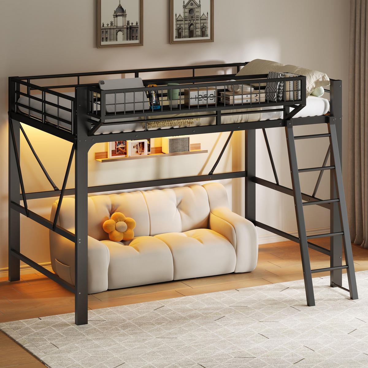 HOCHBETT 140/200 cm in Schwarz mit LED, Aufbewahrungskorb und Treppe aus Metall - Schwarz, Metall - STILVORA