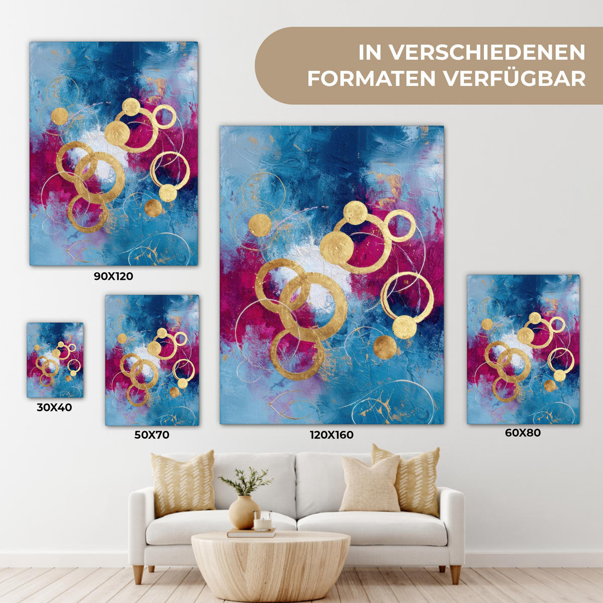 LEINWANDBILD Kreise - Gold - Abstrakt Wandbild Wohnzimmer 60x80 cm - Blau, Textil (60/80cm) - MuchoWow