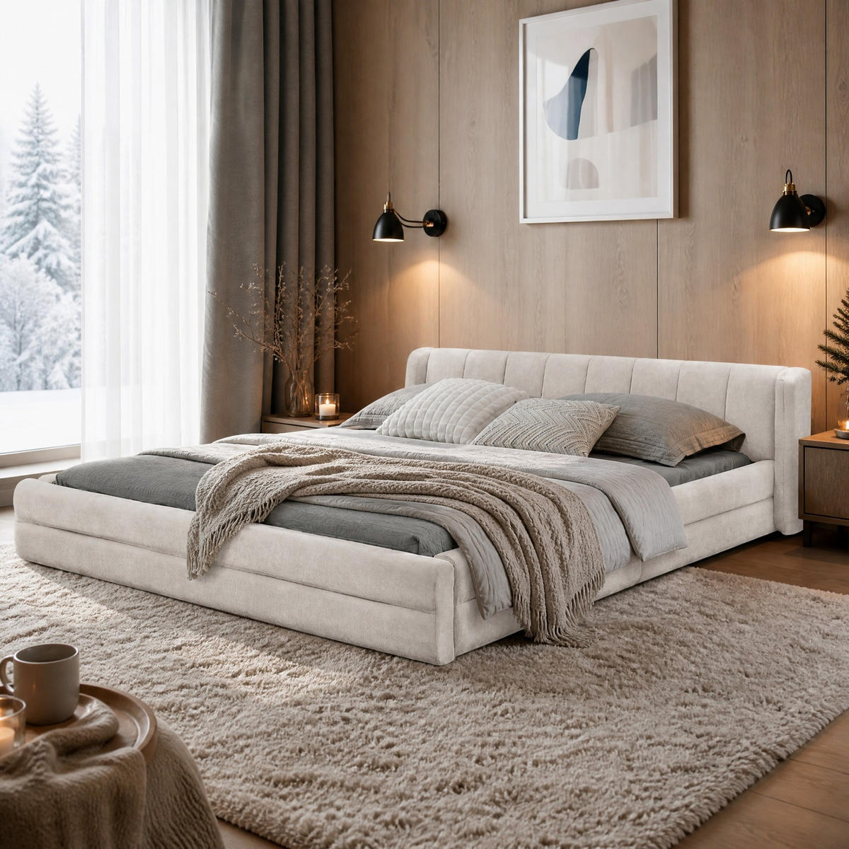 POLSTERBETT 160/200 mit Chenillebezug, gepolstertem Kopfteil und verstärktem Gestell in Beige - Beige, Holzwerkstoff/Textil (160/200cm) - EVRYAE