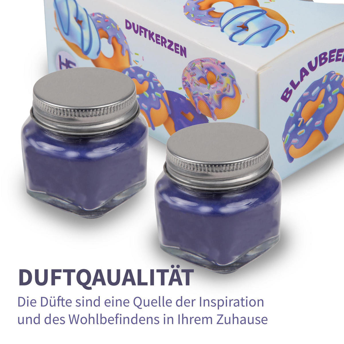 DUFTKERZE "Donut Blaubeere" im Glas mit Deckel, 2er Pack mit je ca. 7 Std. Brenndauer, Ø6cm, Raumduft als Geschenk oder als Dekoration - Beere, Glas (6/5cm) - HS Candle