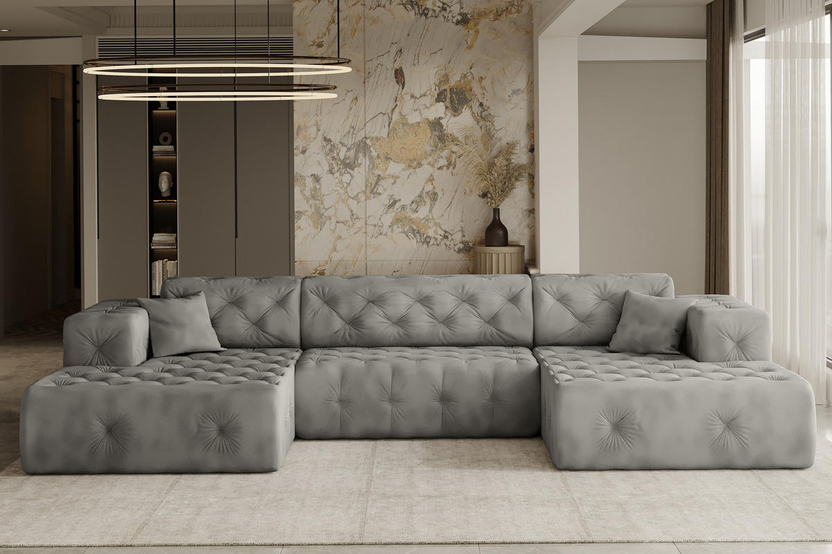 ECKSOFA LUX U-Form, Gesteppt, Stoff Whisper, Silber - Silberfarben, Holz/Textil (350/171cm) - Kaiser Möbel