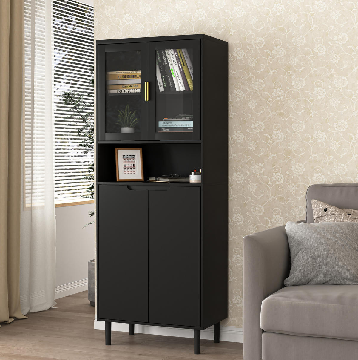 HOCHSCHRANK mit Glastüren, verstellbarem Einlegeboden und Kippschutz, vielseitiger Stauraum, Schwarz - Schwarz, Holzwerkstoff (60/160/35cm) - Redom