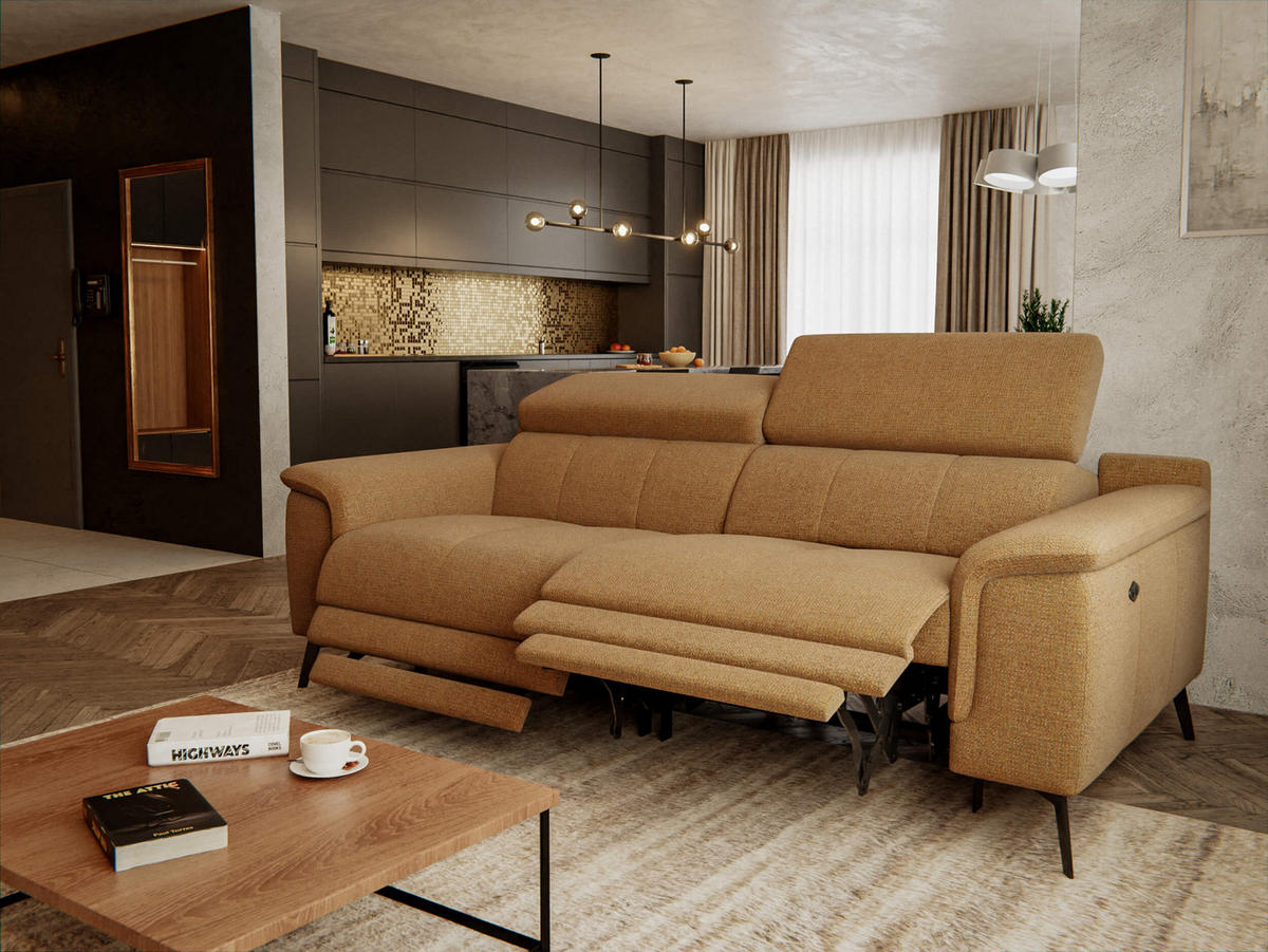 RELAXSOFA FIERO 3-Sitzer mit 2 Relaxfunktionen, orange - Schwarz/Orange, Holzwerkstoff/Textil (212/82/103cm) - Courtois Laville