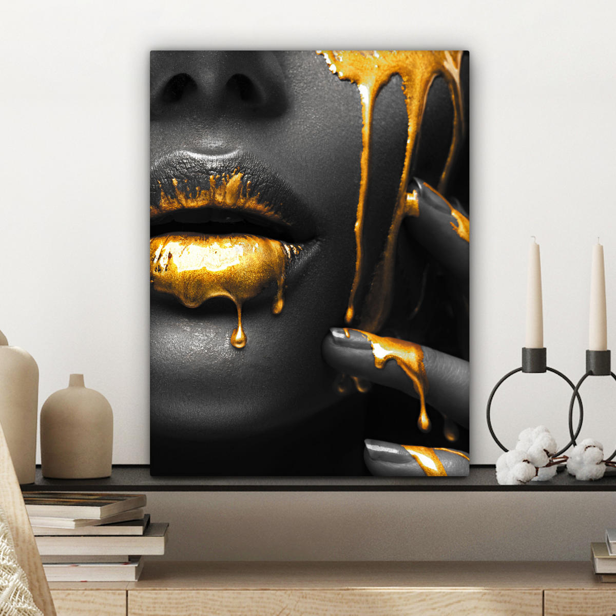 LEINWANDBILD Frau - Schwarz - Gold - Gesicht - Lippen Room Decor 30x40 cm - Goldfarben, Textil (30/40cm) - MuchoWow