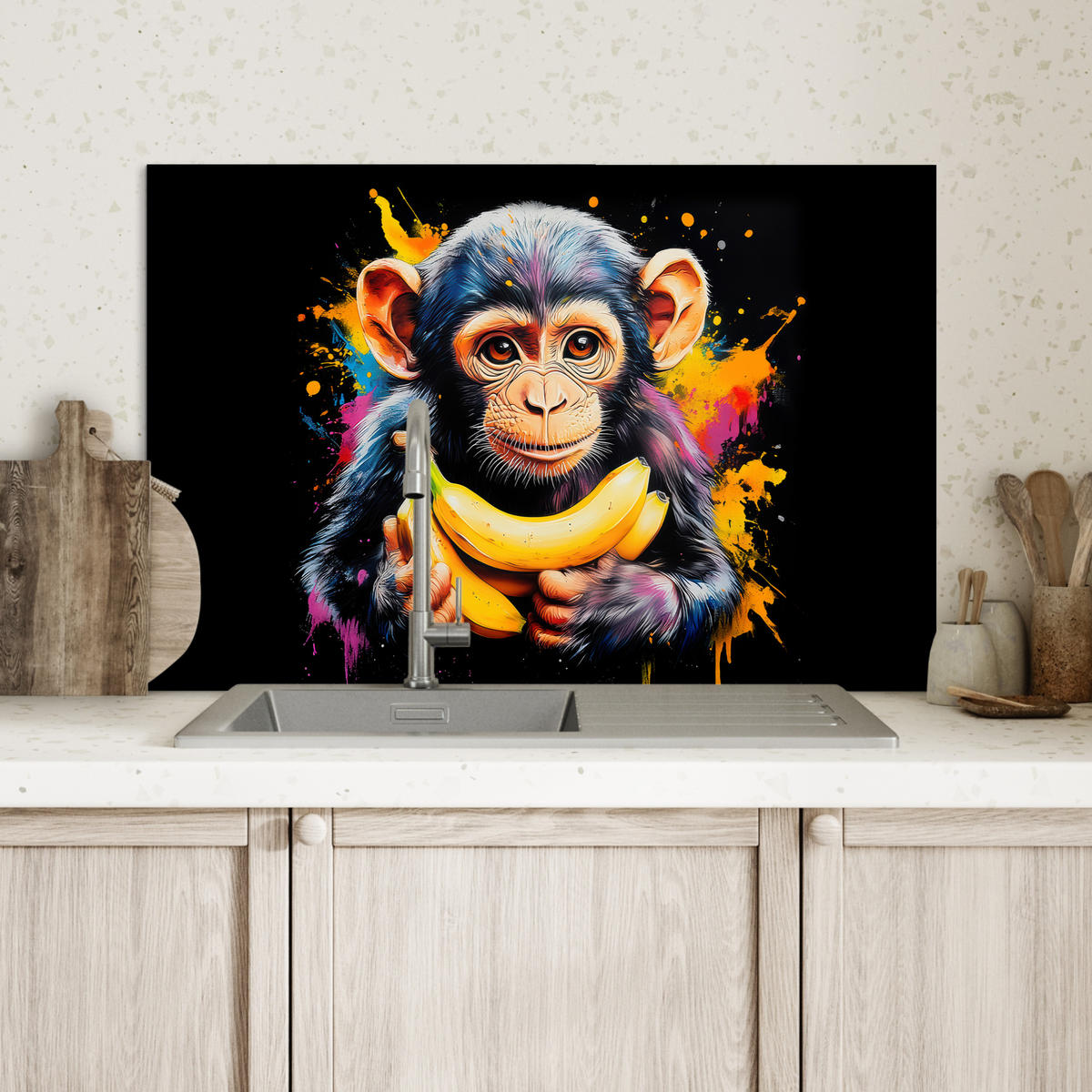 SPRITZSCHUTZ KÜCHE Affe - Graffiti - Farbenfroh - Bananen - Modern 60x40 cm - Gelb, Metall (60/0.3/40cm) - MuchoWow