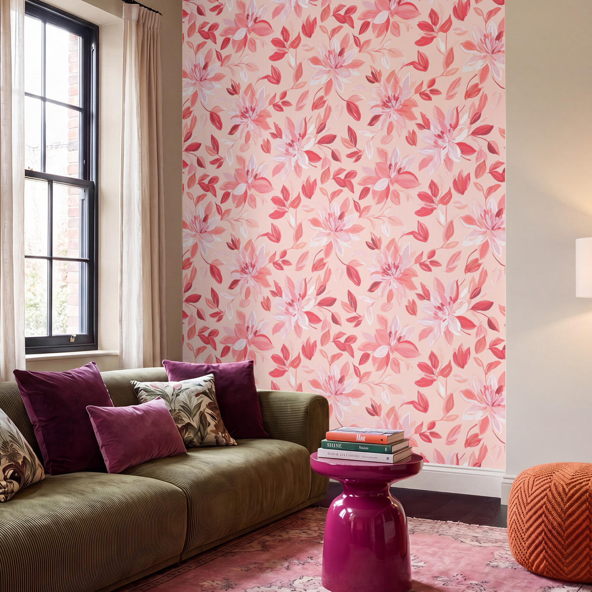 TAPETE - Botanisch - Blumen - Rot - 220x280 cm - Koralle, Papier (220/280cm) - OnlyWow