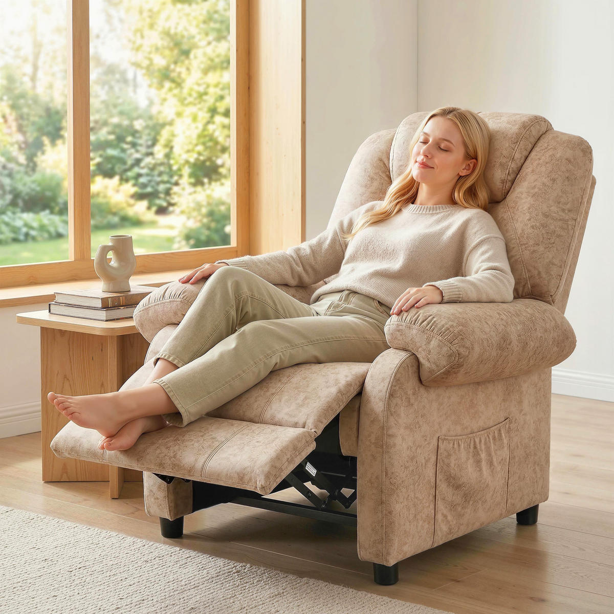 RELAXSESSEL,MANUELL Stoff ausziehbare Fußstütze Seitentasche,beige - Beige, Textil (91/108/88cm) - Vallsero