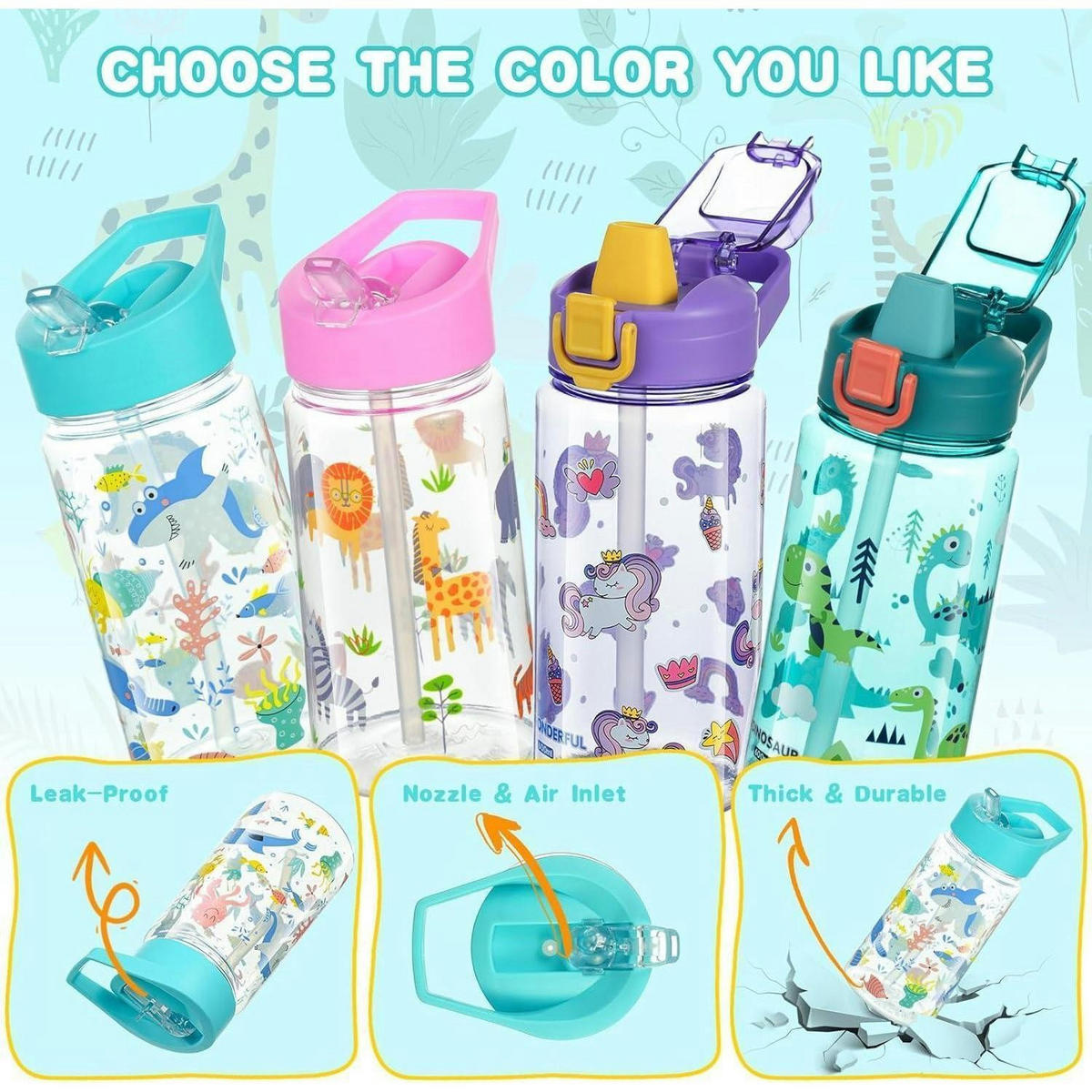 TRINKFLASCHE Kinder mit Strohhalm 450 ml Blau Hai - Multicolor, Kunststoff (7.5/7.5cm)