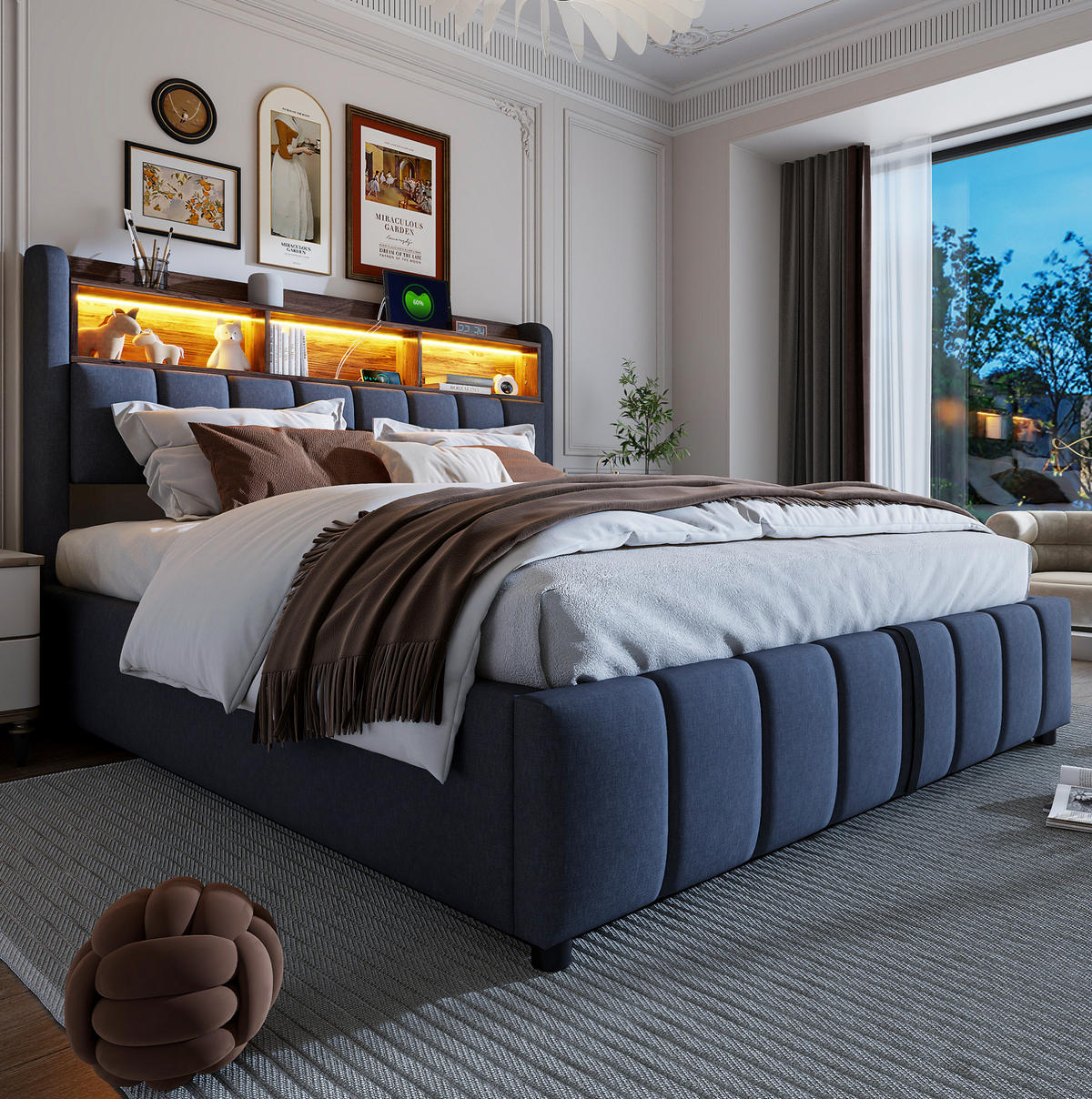 POLSTERBETT 180/200 cm Grau aus Leinenstoff mit LED-Beleuchtung und Stauraum - Grau, Textil (180/200cm) - OKMYHOME