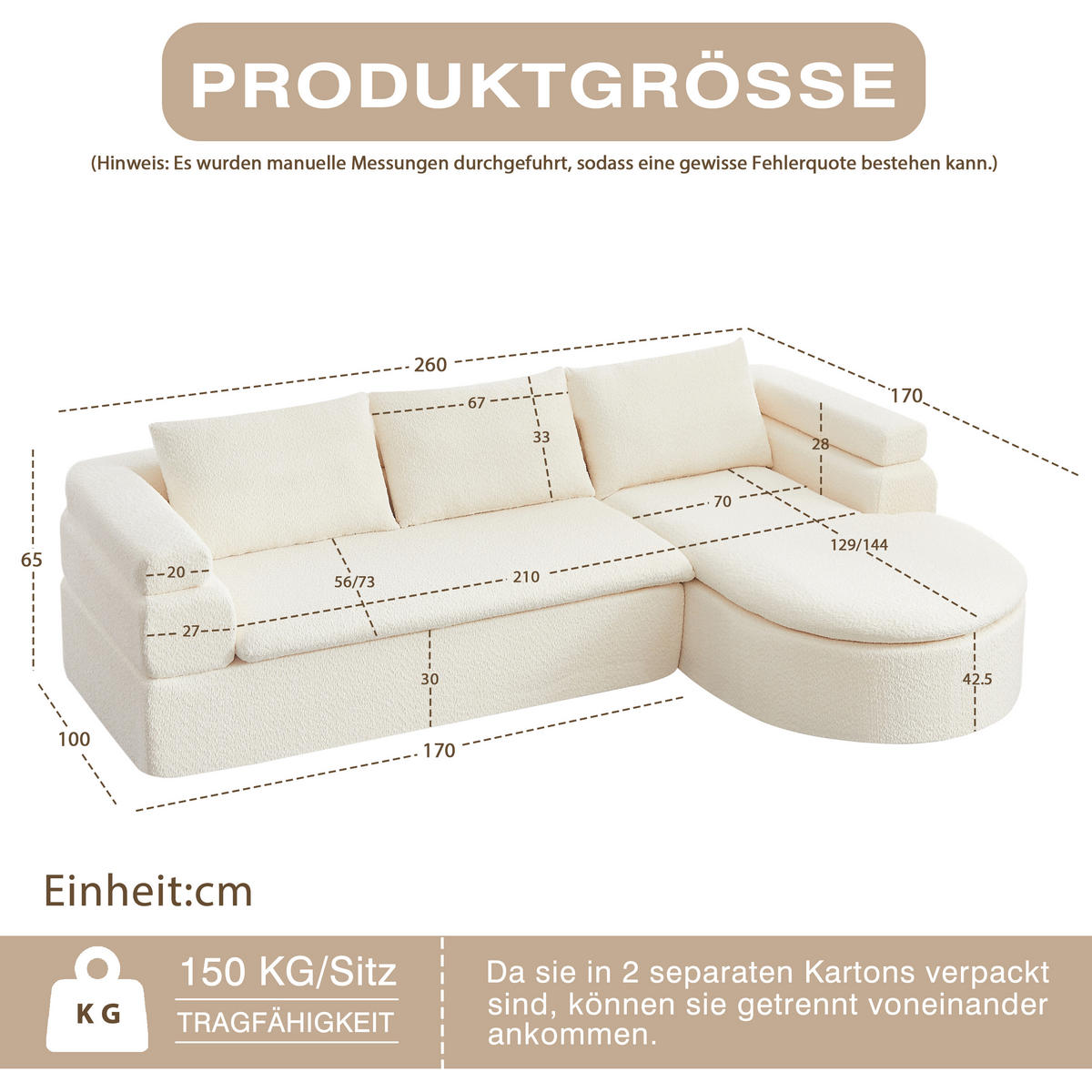 ECKSOFA 260/170/65 cm Beige Chenille mit Chaiselongue - Beige, Textil (260/170cm) - Oxeza