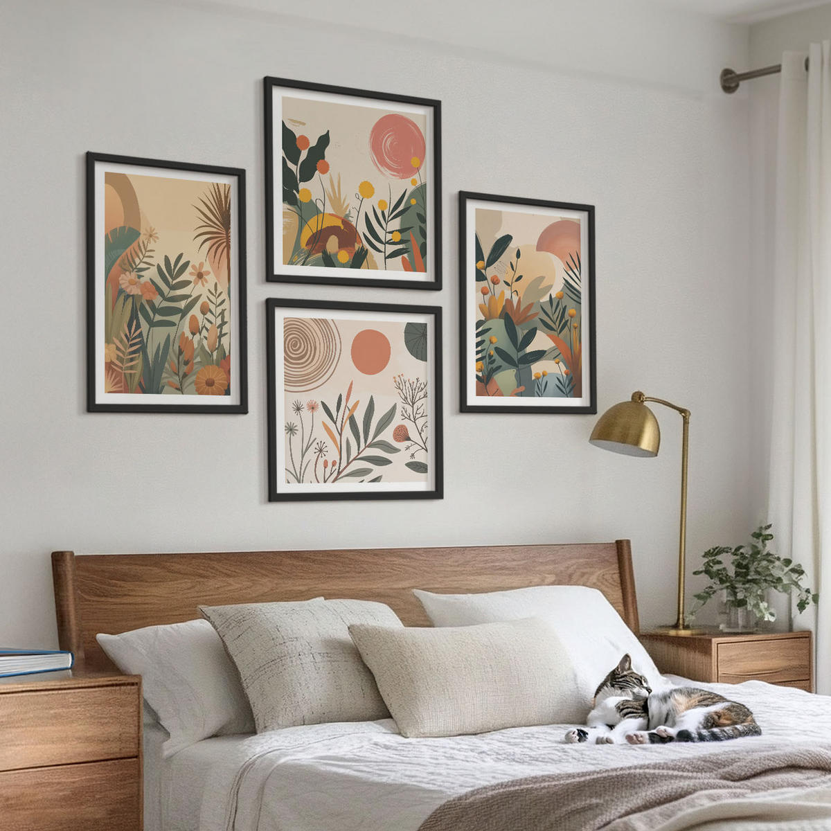 BILDER SET 4er Set - 50x50 cm & 40x60 cm Schwarzer Rahmen - Pflanzenmotive in Farben - Schwarz, Kunststoff (50/50cm) - TULUP