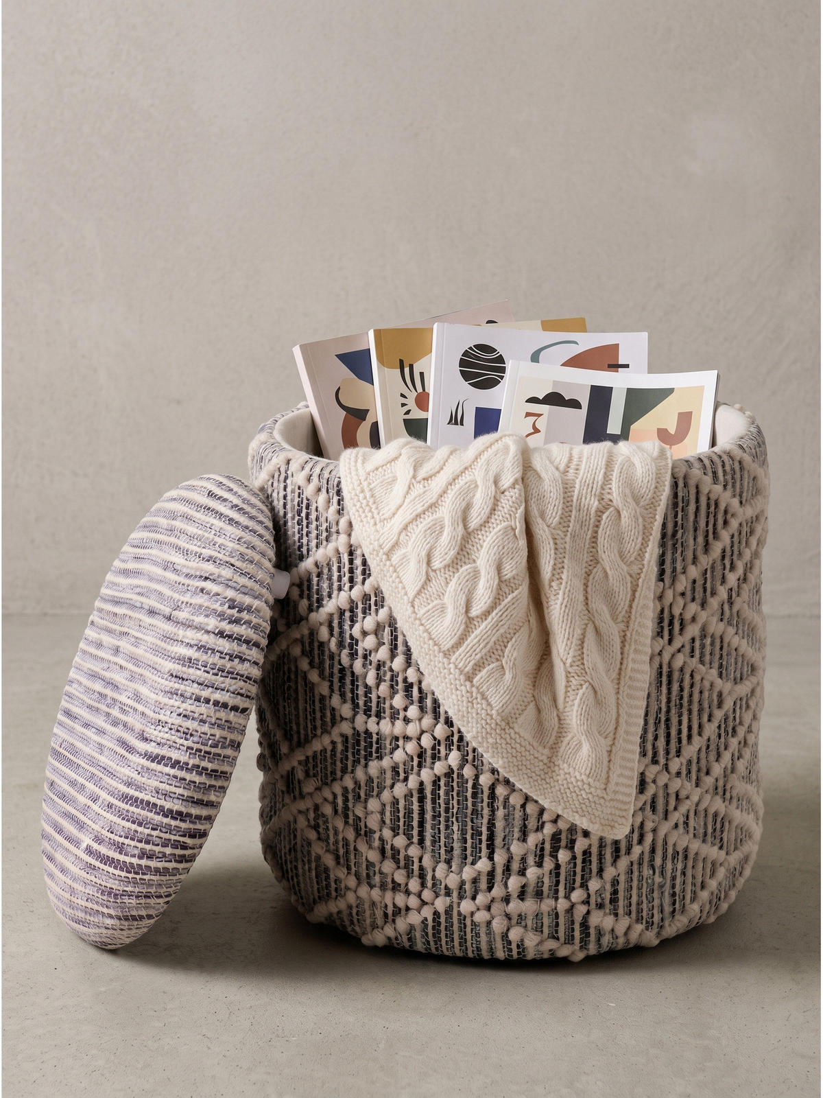 SITZHOCKER RHONE, Stoff, mit Textilbezug, Grau-Beige, Ø 40 x 45 cm - Grau, Textil (40/45/40cm) - KADIMA DESIGN