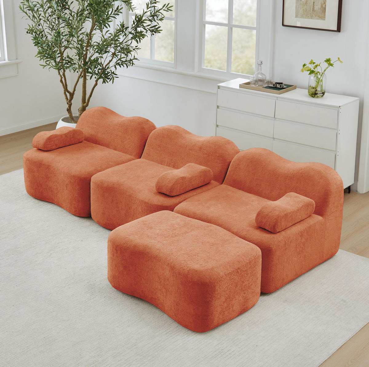ECKSOFA 288/167/70 cm orange aus Samt mit modularer Wellenform und Ottomane - Orange, Textil (167/288cm) - OKWISH