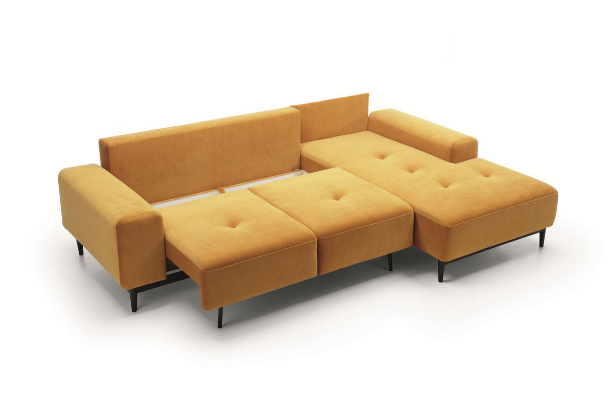 ECKSOFA SACRO Gelb Plüsch-Stoff mit Schlaffunktion - Gelb, Holz (266/175cm) - MASSENO