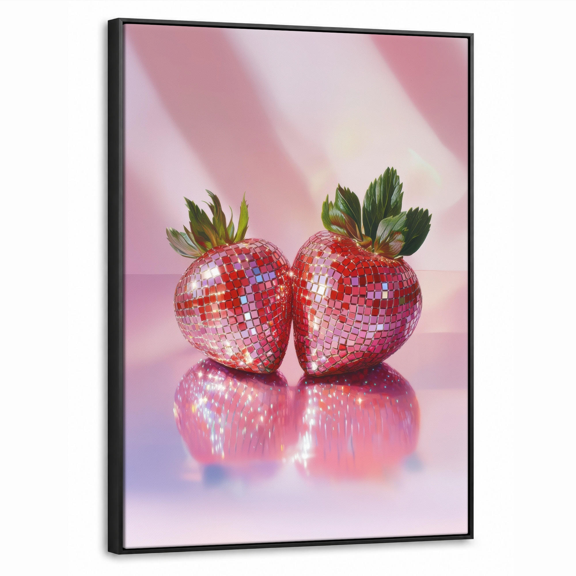 LEINWAND Bilder mit Rahmen - Disco - Obst - Glitzer - Erdbeere - 50x70 - Pink, Textil (50/70cm) - MuchoWow