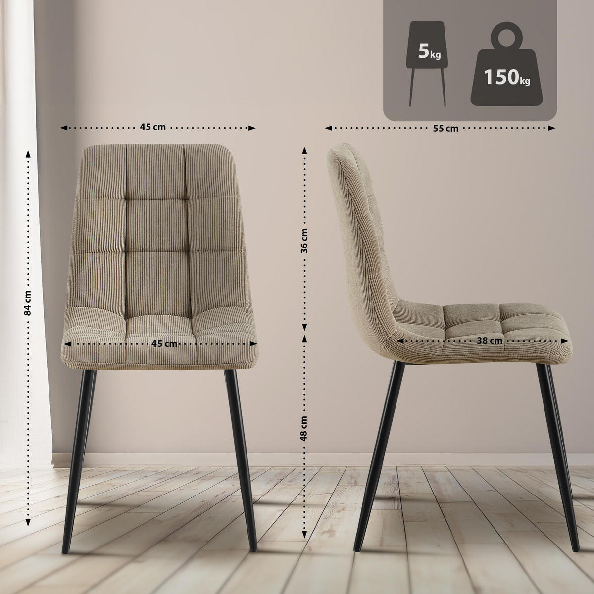 ESSZIMMERSTUHL 2er Set Fanor Cord Taupe Wohnzimmerstuhl - Taupe, Textil (45/84/55cm) - DELUKE