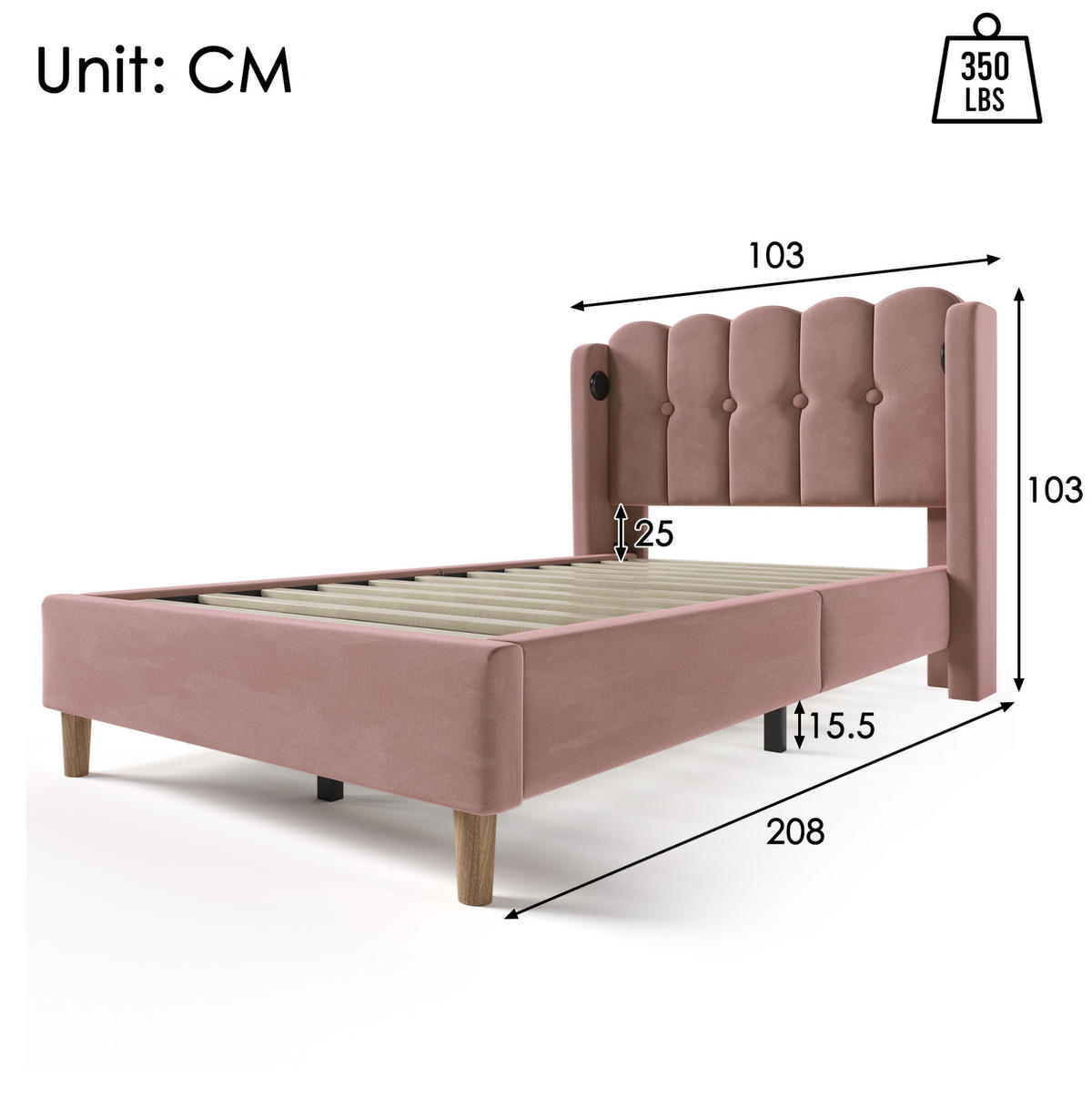POLSTERBETT 90/200 cm Rosa aus Samt mit Matratze und USB- und Type-C-Anschlüssen - Rosa, Textil (90/200cm) - Flora Grace