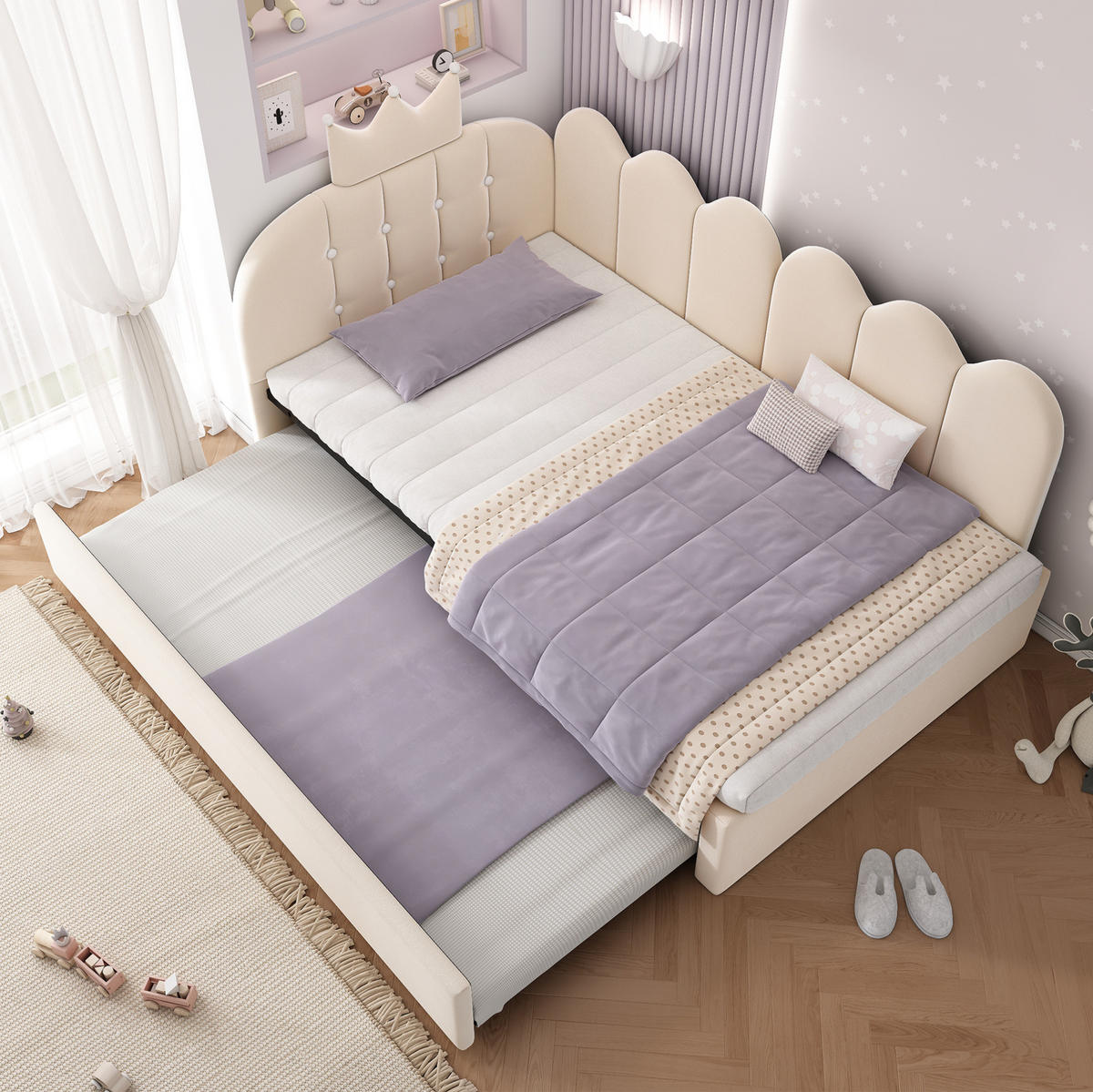KINDERBETT aus Samt 90x200 cm Beige mit Ausziehbett, Kronen- und Gitterdesign - Beige, Textil (90/200cm) - Modfu