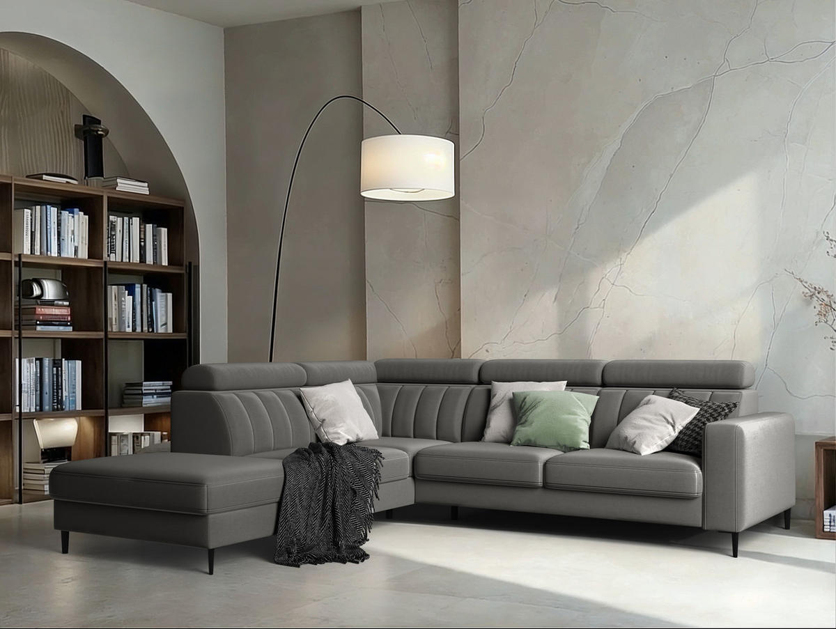 ECKSOFA Wohl rechts – Grau, mit Schlaffunktion, Bettkasten und verstellbaren Kopfstützen - Grau, Textil (278/263cm)