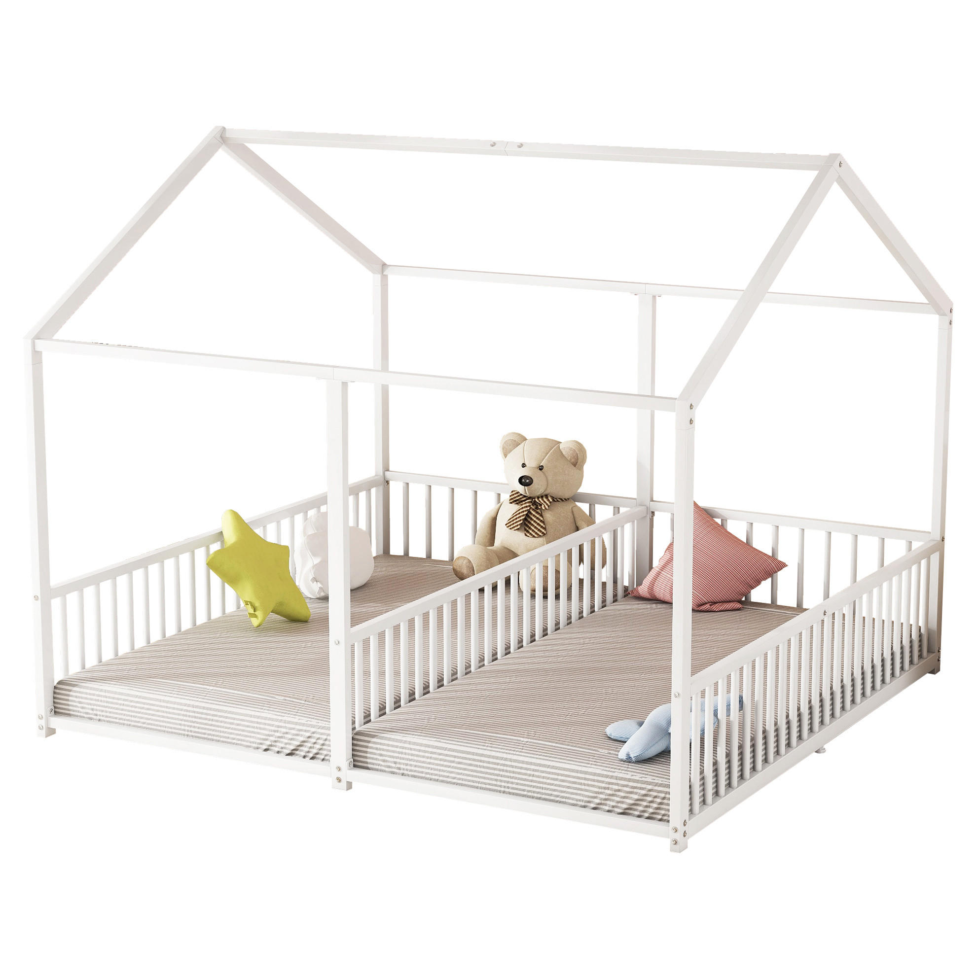 HAUSBETT 90/200 cm Weiß aus Metall in Hausform mit Leiter und Geländer - Weiß, Metall (90/200cm) - OKMYHOME